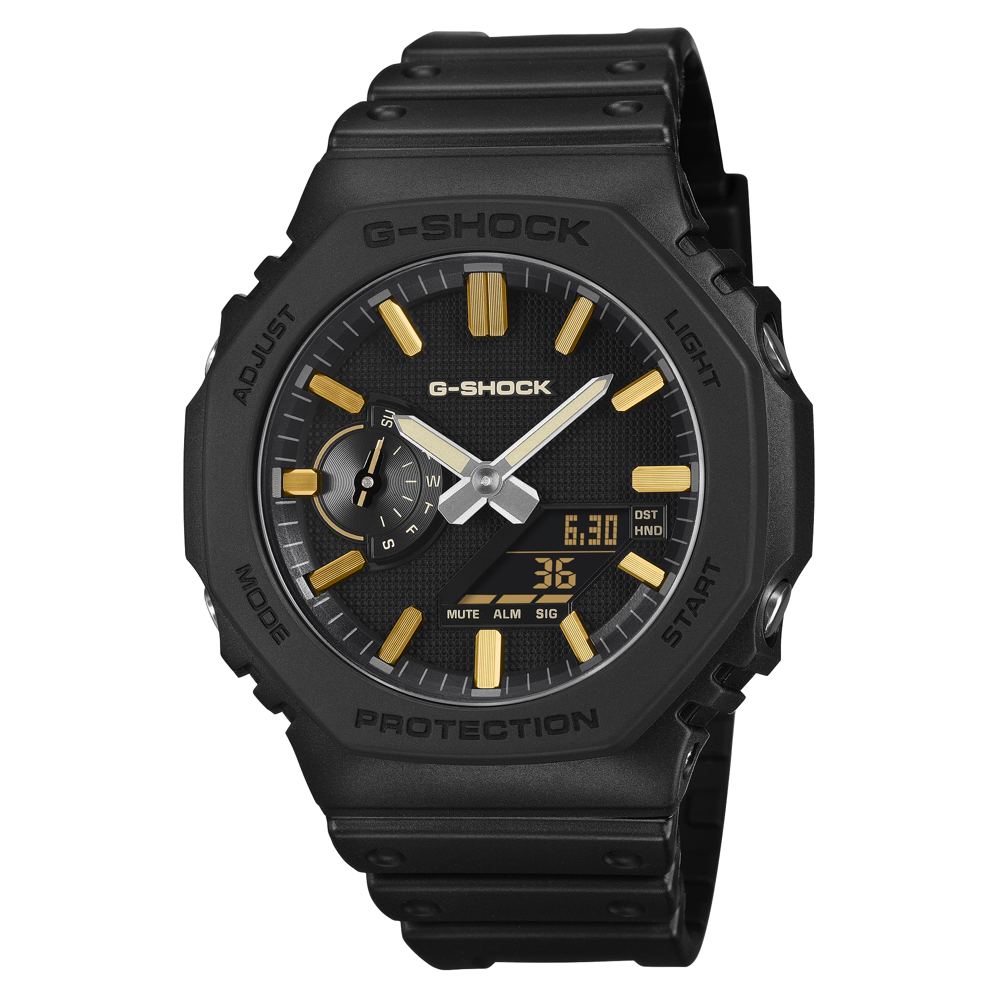 G-Shock CasiOak Luxe wristwatch with a black octagonal bezel and gold hour markers.
