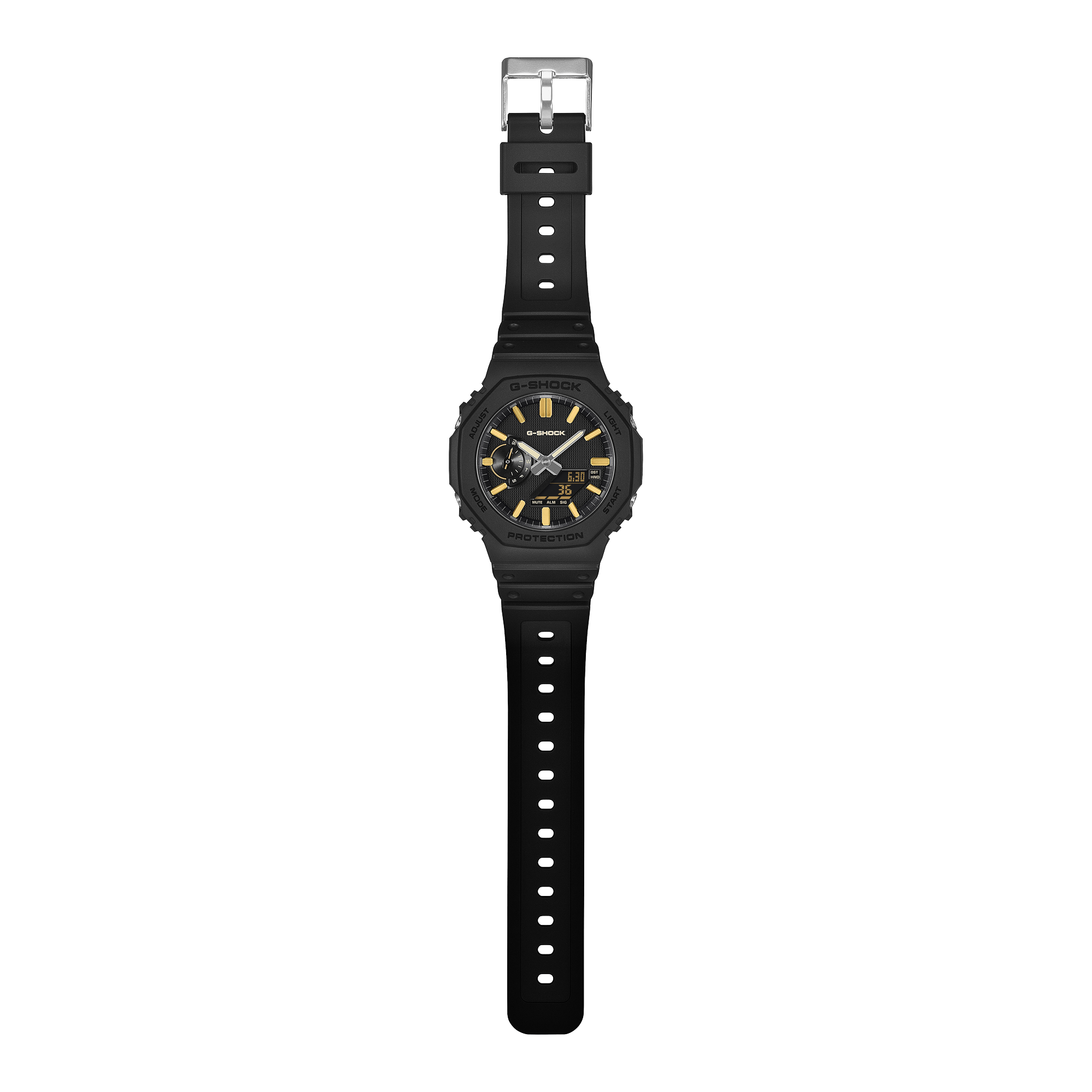 Angled view of the G-Shock GA2100LXB-1A9 showing the slim carbon case.