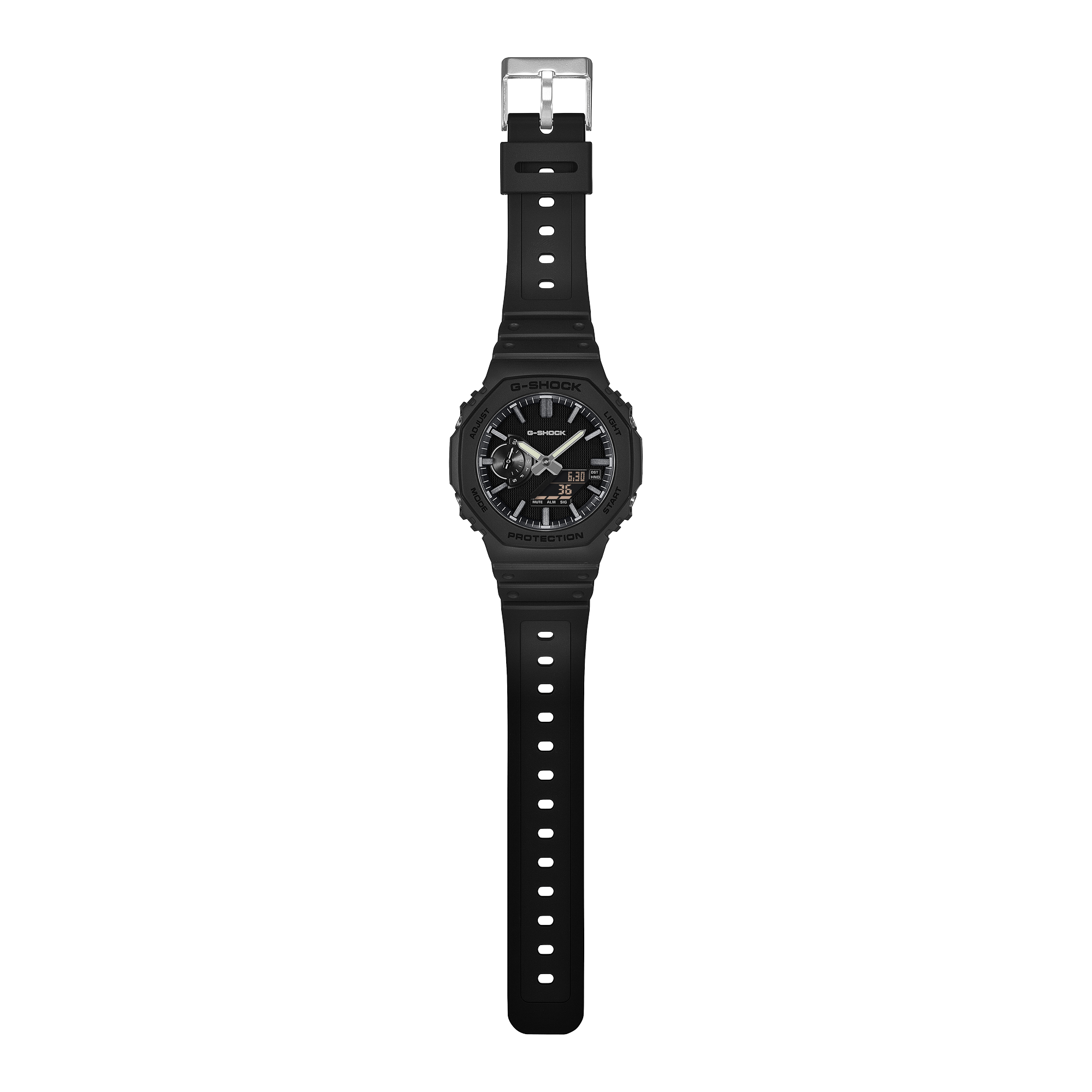Angled view of the G-Shock GA2100LXB-1A showing the slim carbon case profile.