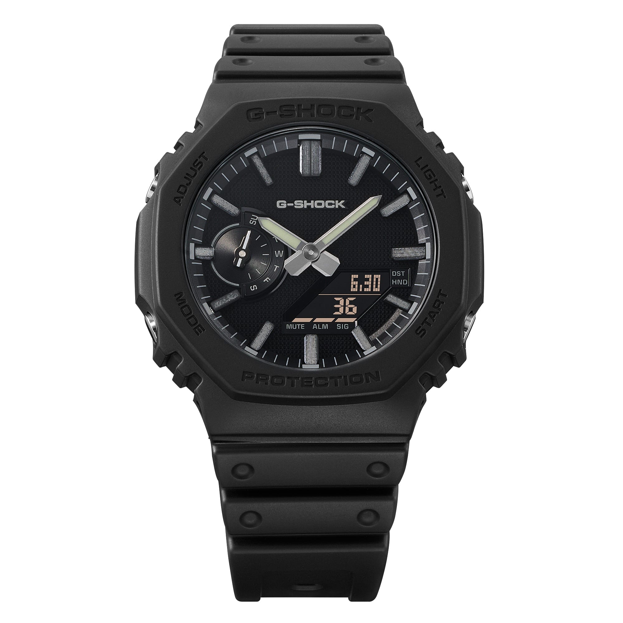 Front view of the black G-Shock GA2100LXB-1A analog-digital dial.