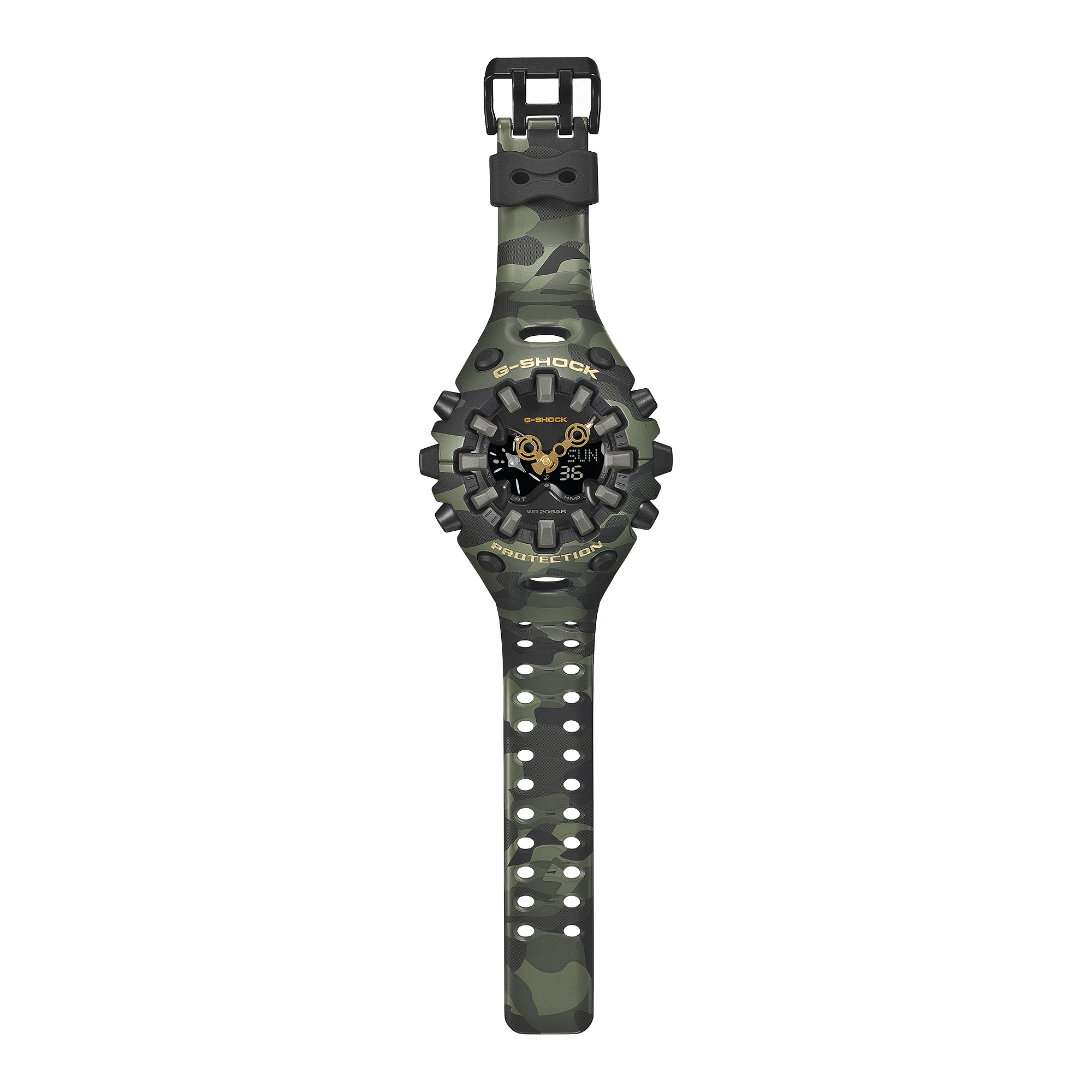 Angled view of the G-Shock GAV01CMG-3A wide camouflage case.