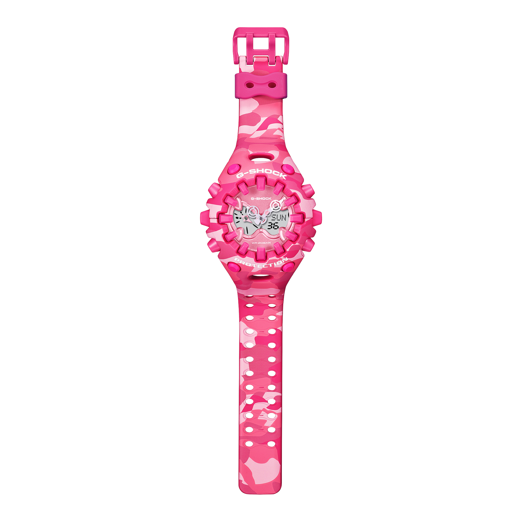 Angled view of the G-Shock GAV01CMG-4A wide pink camouflage case.