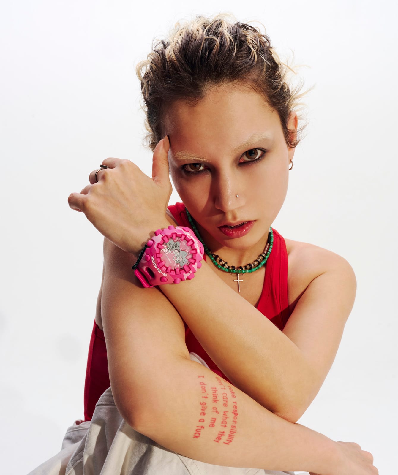 G-Shock GAV01CMG-4A pink camouflage watch worn on the wrist.