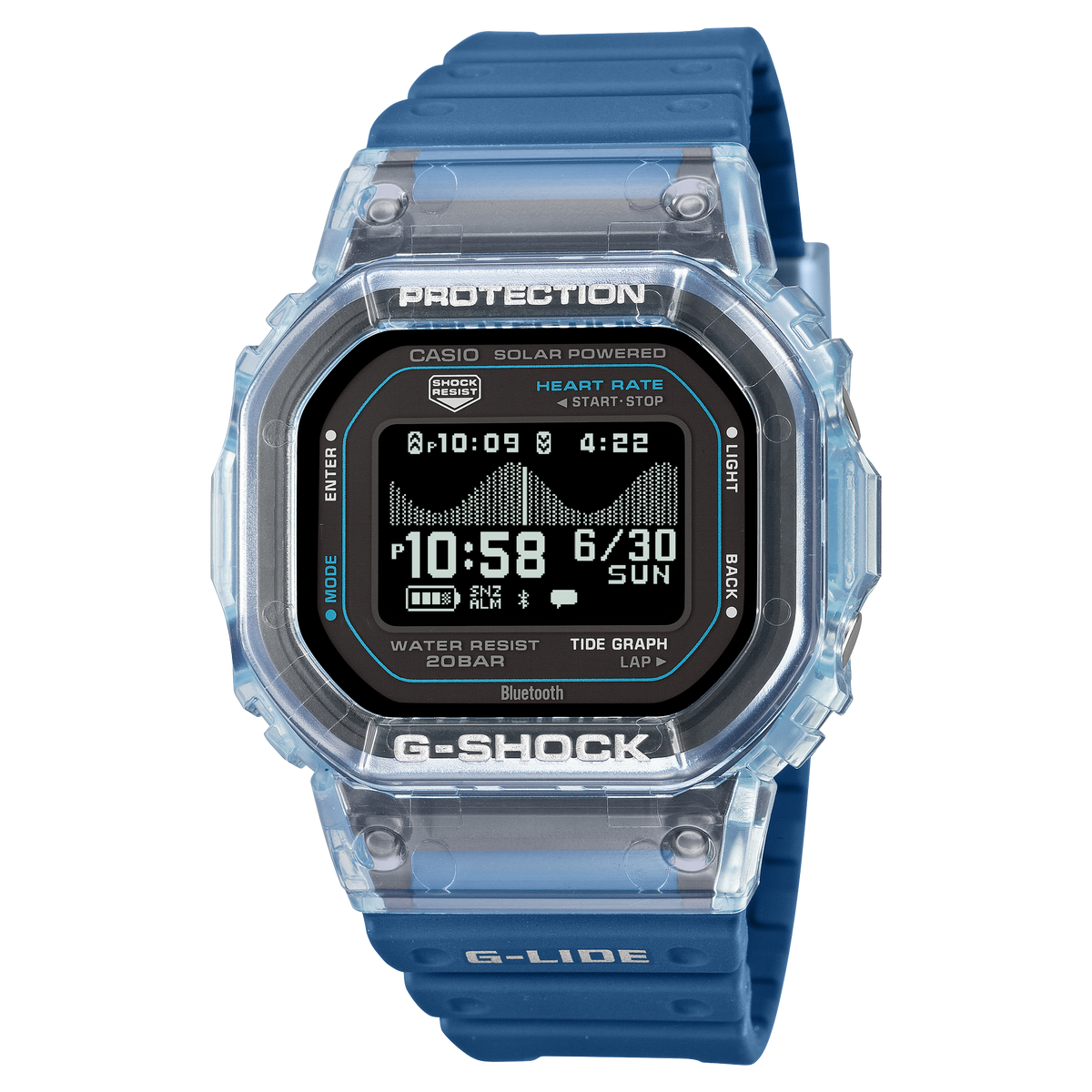 G-Shock G-LIDE wristwatch with a clear translucent case and blue resin band.
