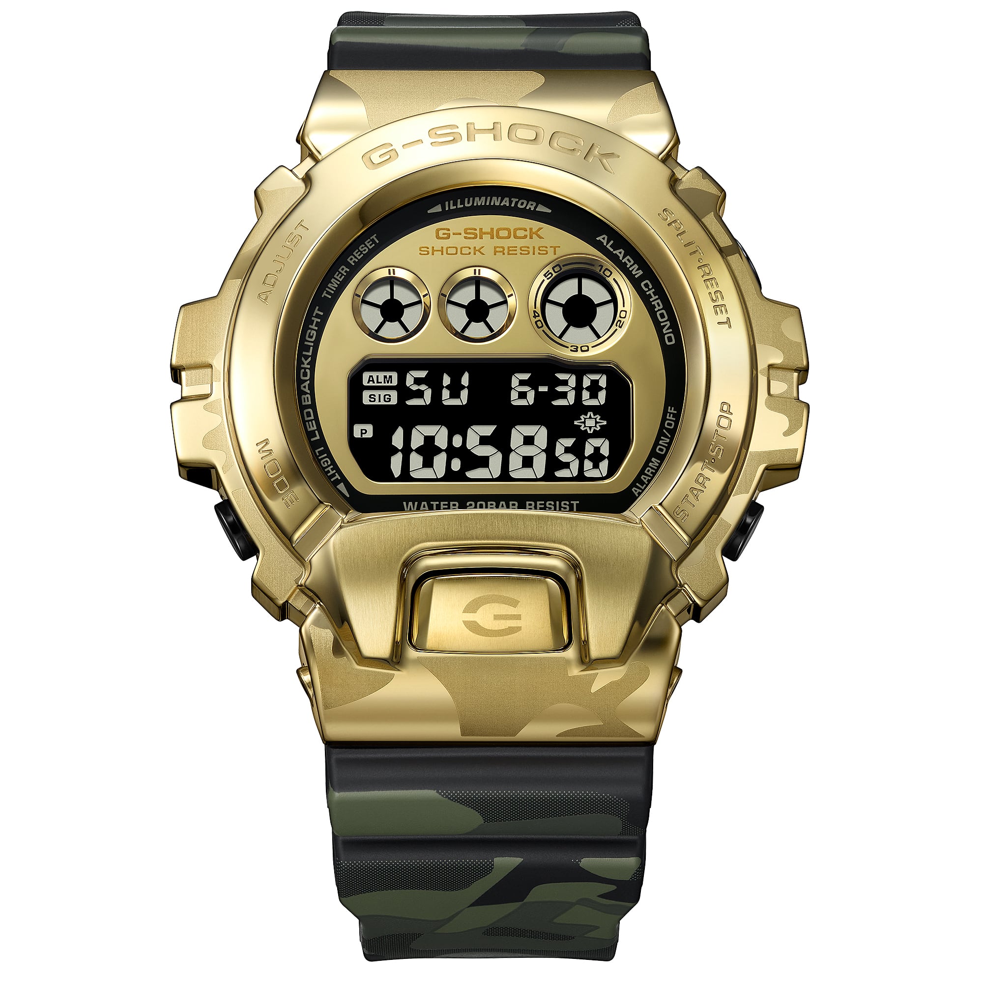 Front view of the G-Shock GM6900CMG-3D gold digital display.