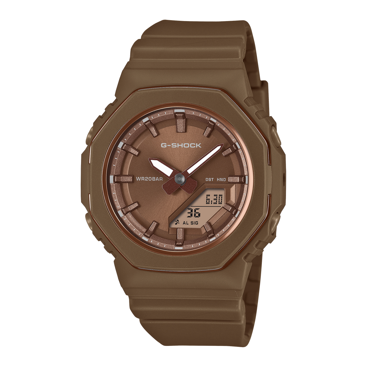 G-Shock GMAP2110B-5A brown analogue-digital watch with metallic bezel rings and brown resin band