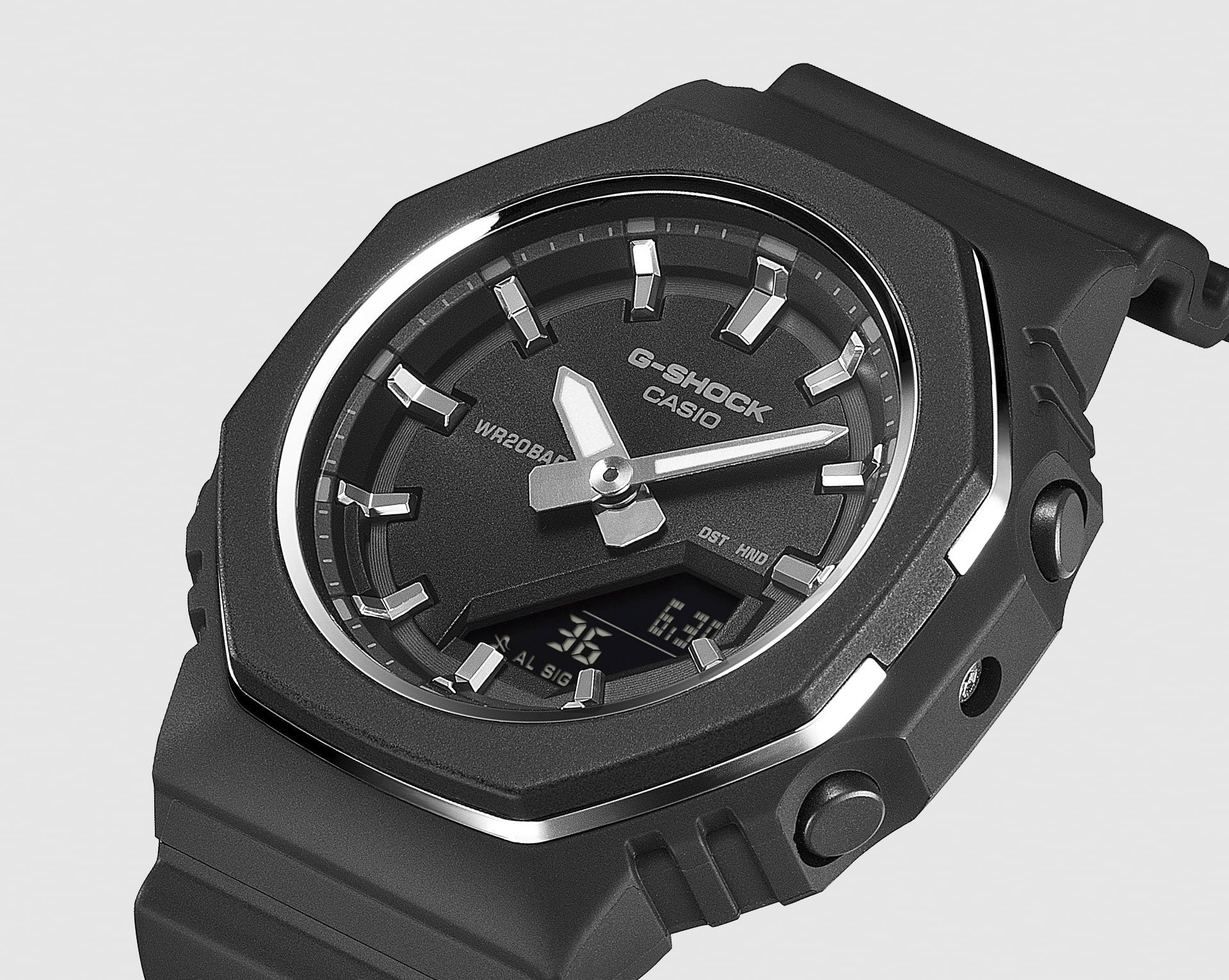 G-Shock GMAP2110B metallic bezel ring detail