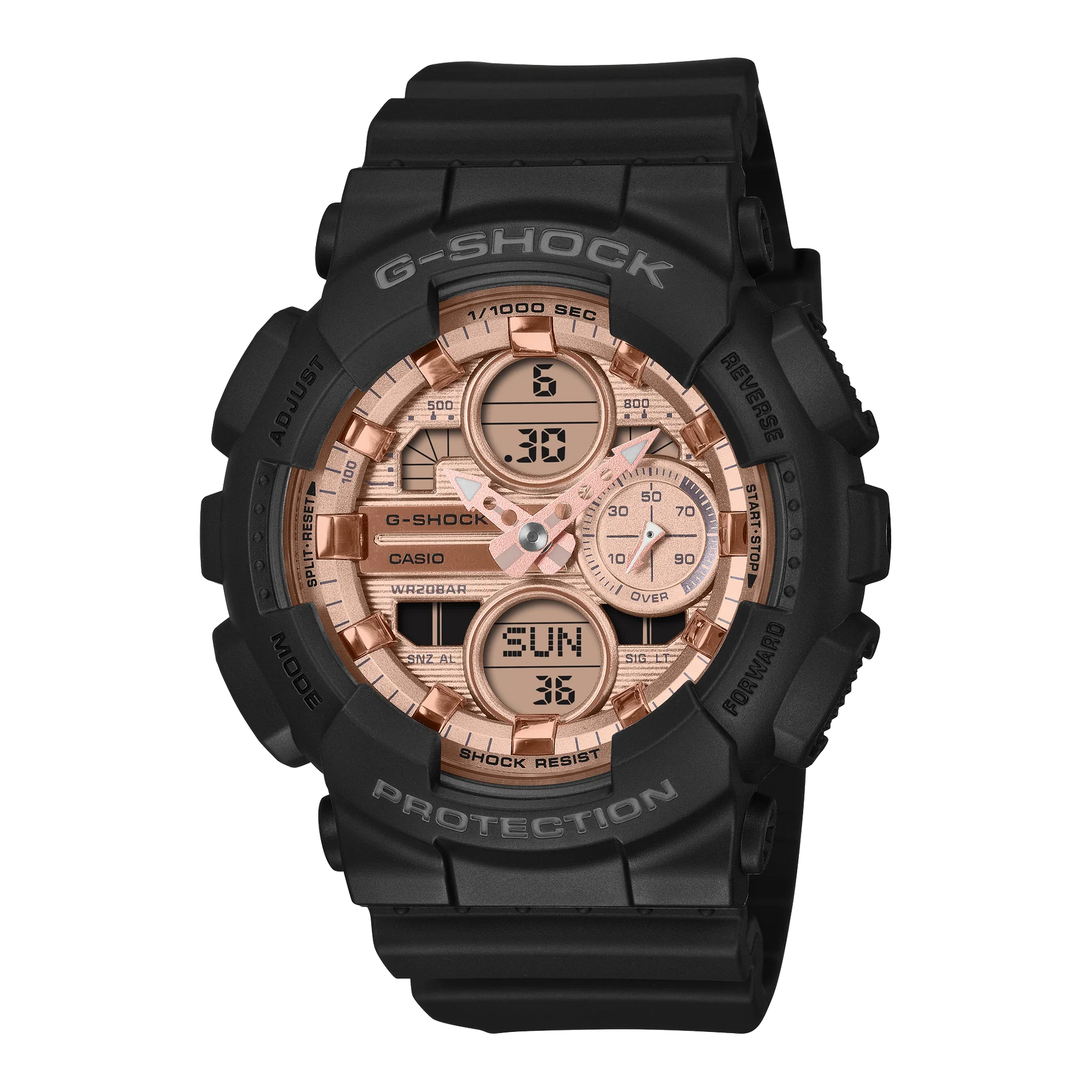 G-Shock Analog Digital Mid Size Black Resin Band Rose Gold Dial Watch GMAS140PG-1A