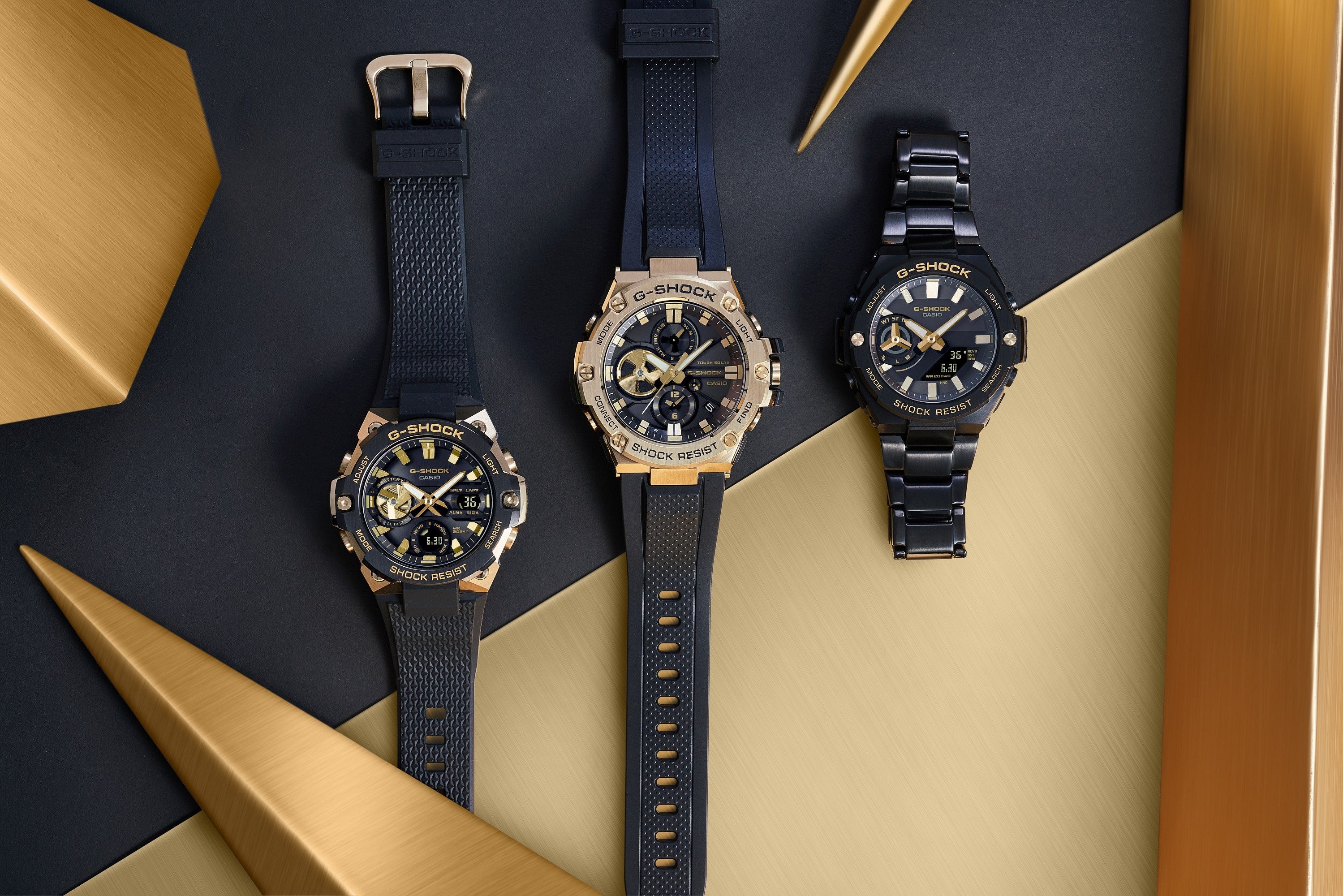 Three luxury wristwatches with dark-colored bands displayed on a contrasting background.