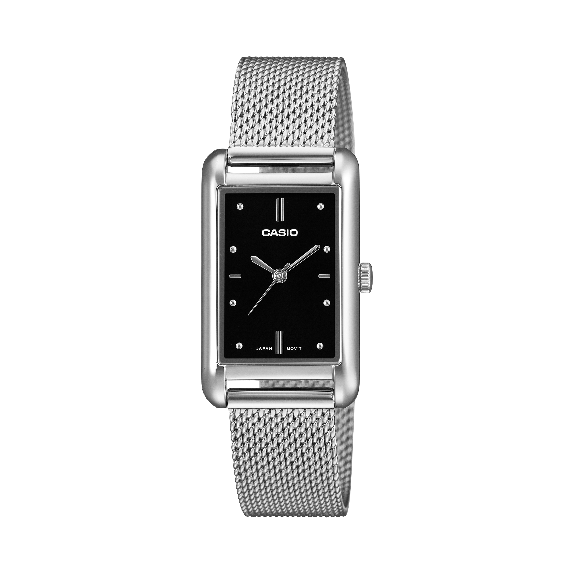 Casio women's wristwatch with a black dial and stainless steel mesh band.