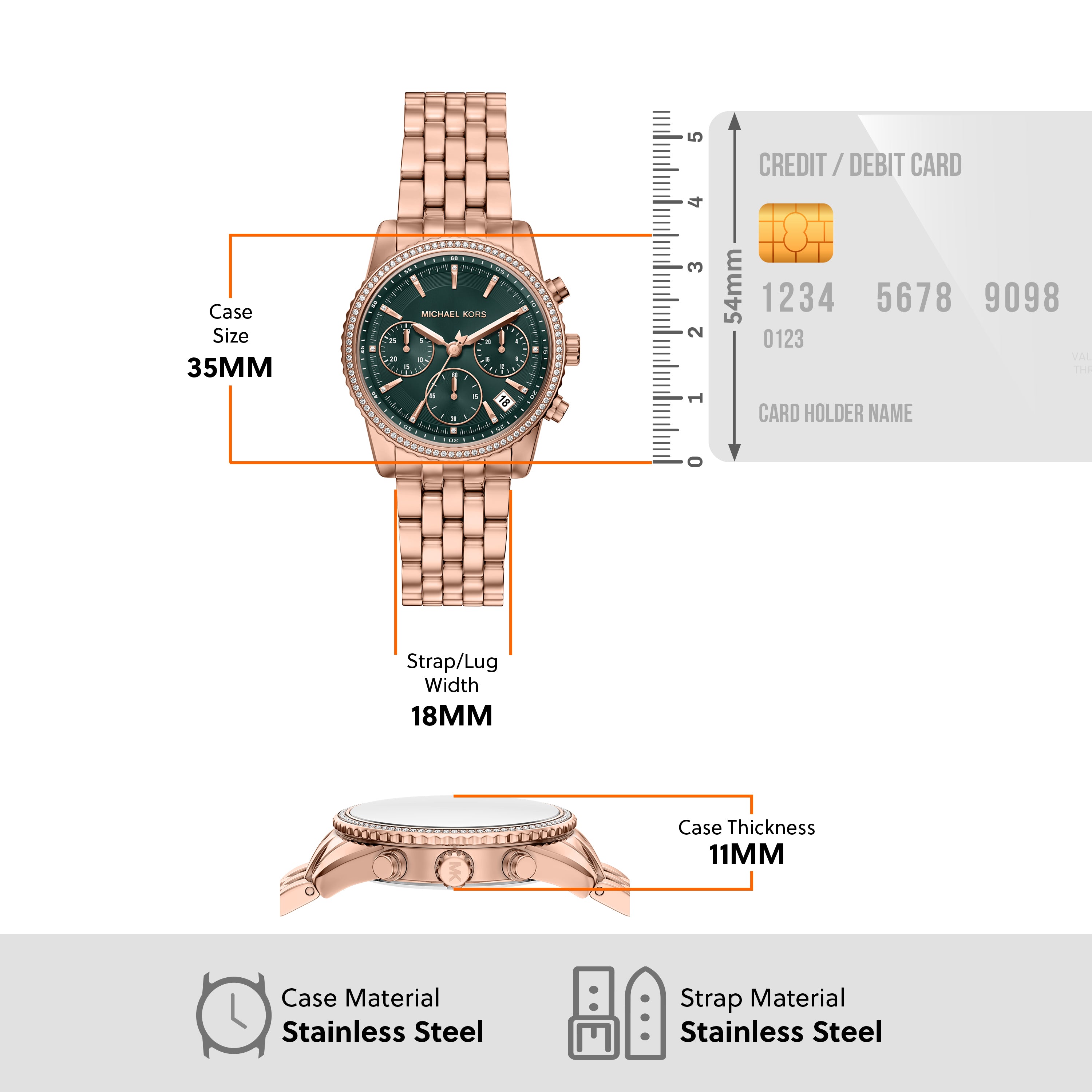 Michael Kors Bryant Green Dial Rose Gold Stainless Steel Watch MK7600