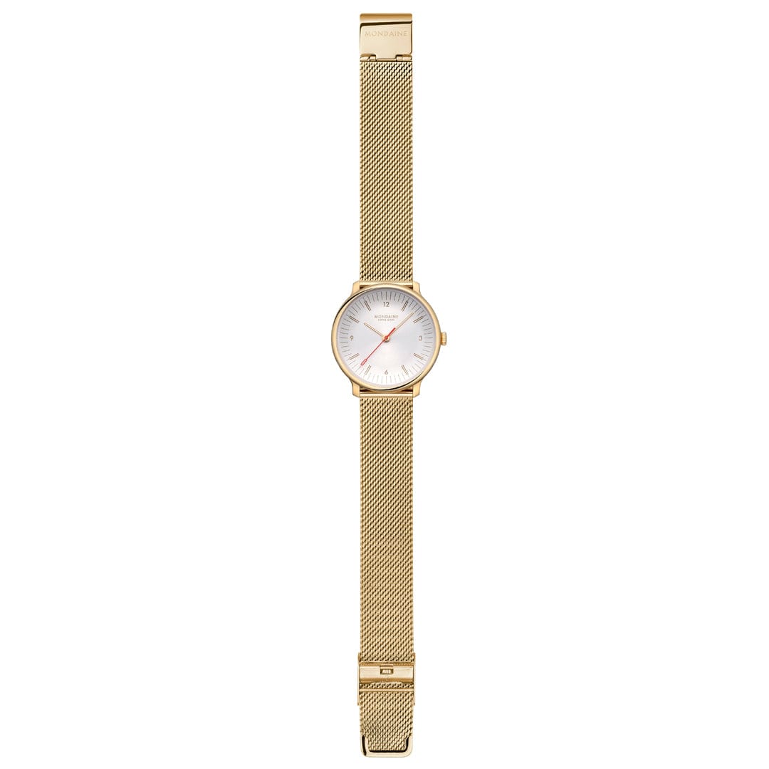 Mondaine Doppio White Dial Gold Mesh Bracelet Watch MLE.33111.SM