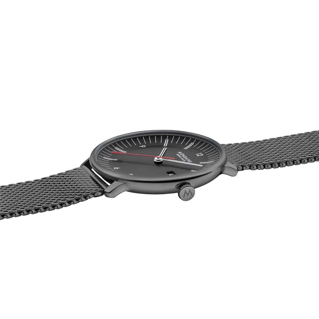 Mondaine Doppio 41mm Black Dial Black Mesh Bracelet Watch MLE.41220.SM