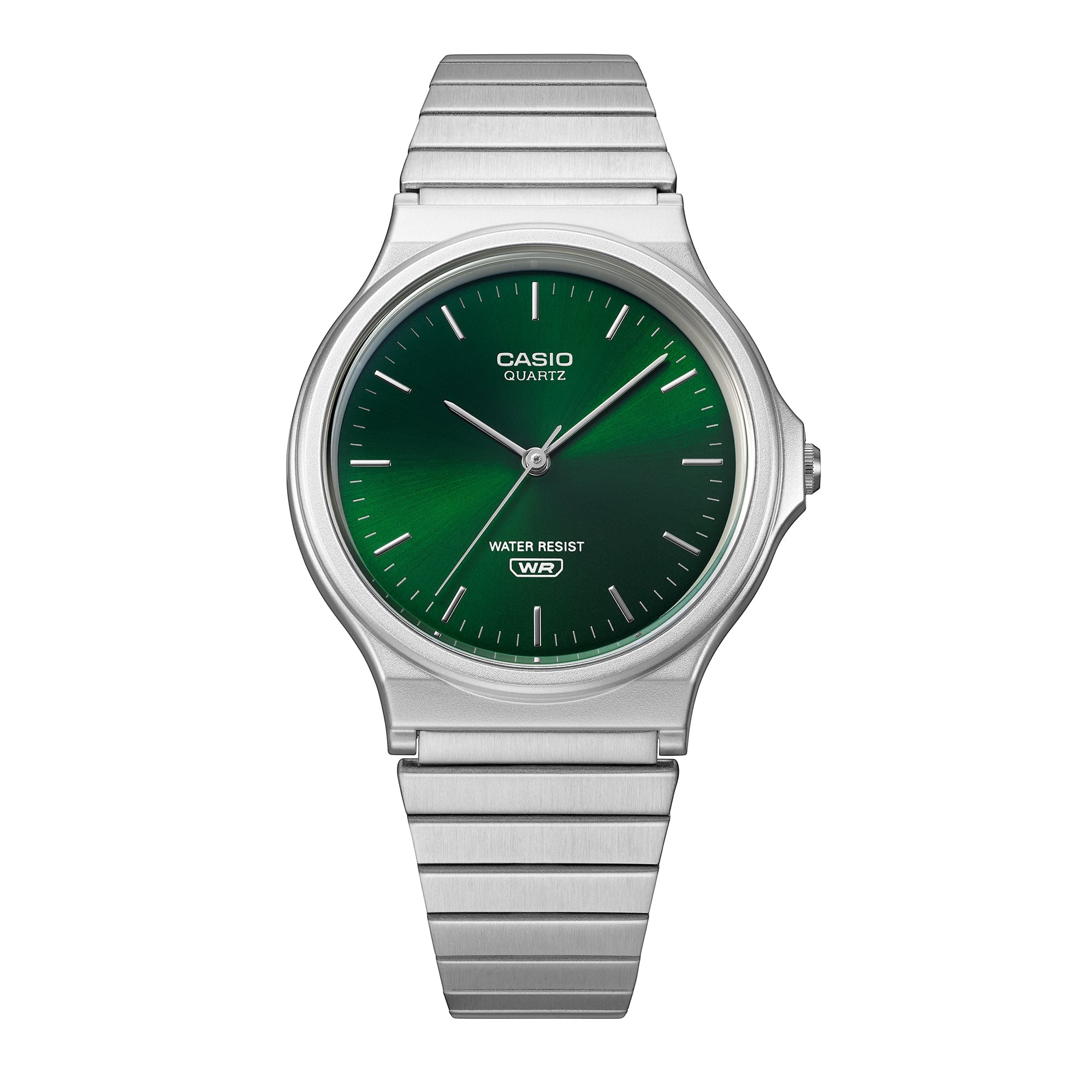 Front view of the Casio MQ24DA-3A green dial and steel bracelet.