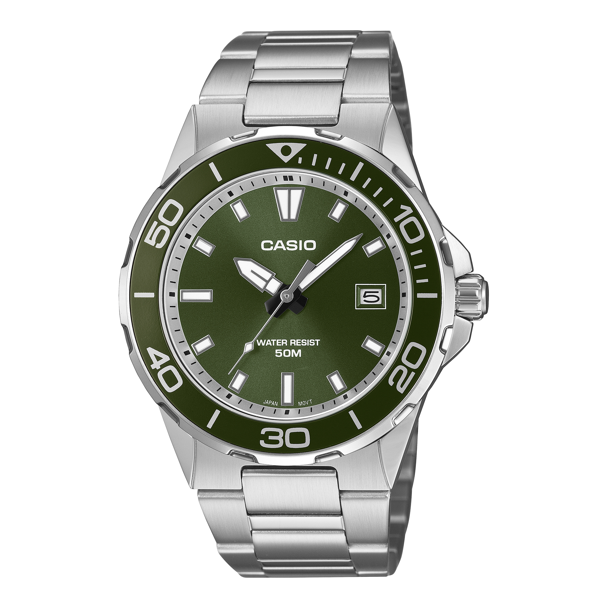 Casio MTD-145D-3A green dial with aluminium bezel on a steel bracelet, shown straight on.
