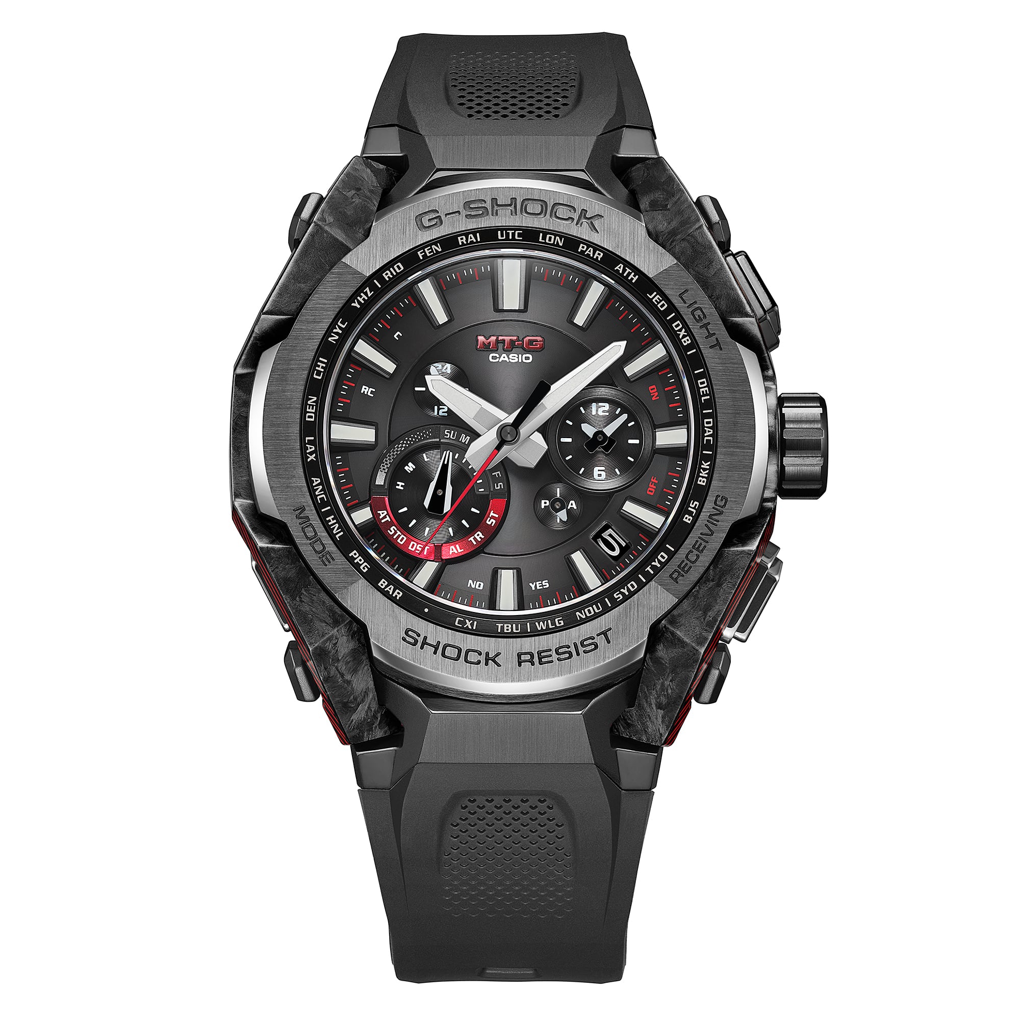 Front view of the black G-Shock MTGB4000B-1A analog dial.