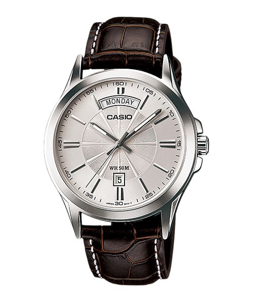 Casio Enticer Analog Silver Dial Brown Leather Strap Watch MTP1381L 7A Watch Direct