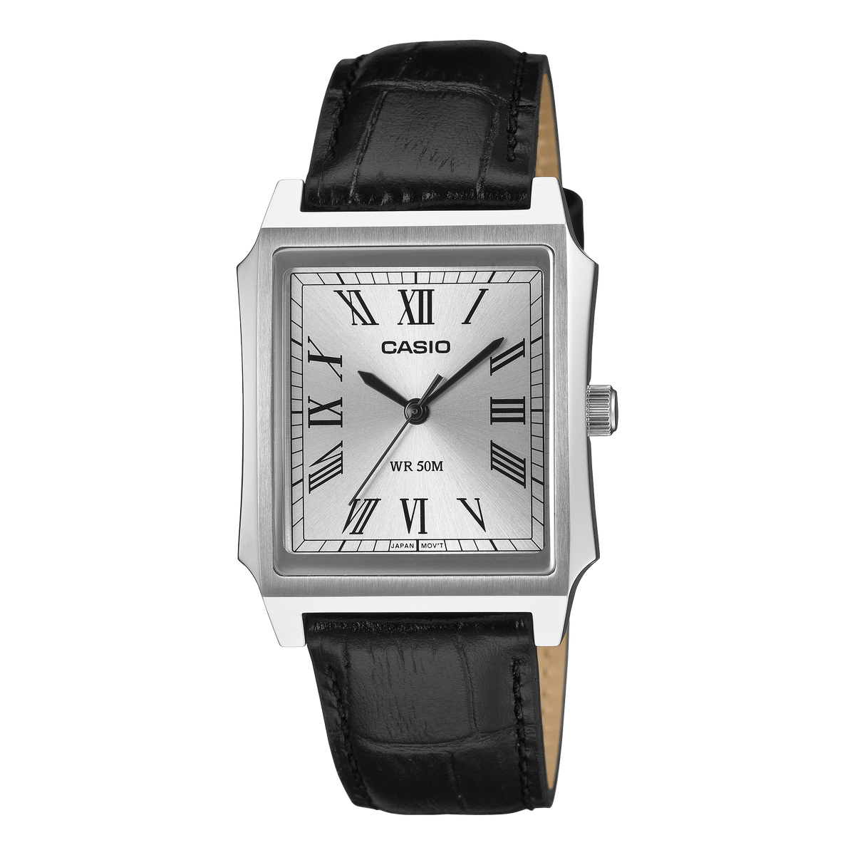 Casio Vintage MTP-B190L-7B silver rectangular men's watch with leather strap