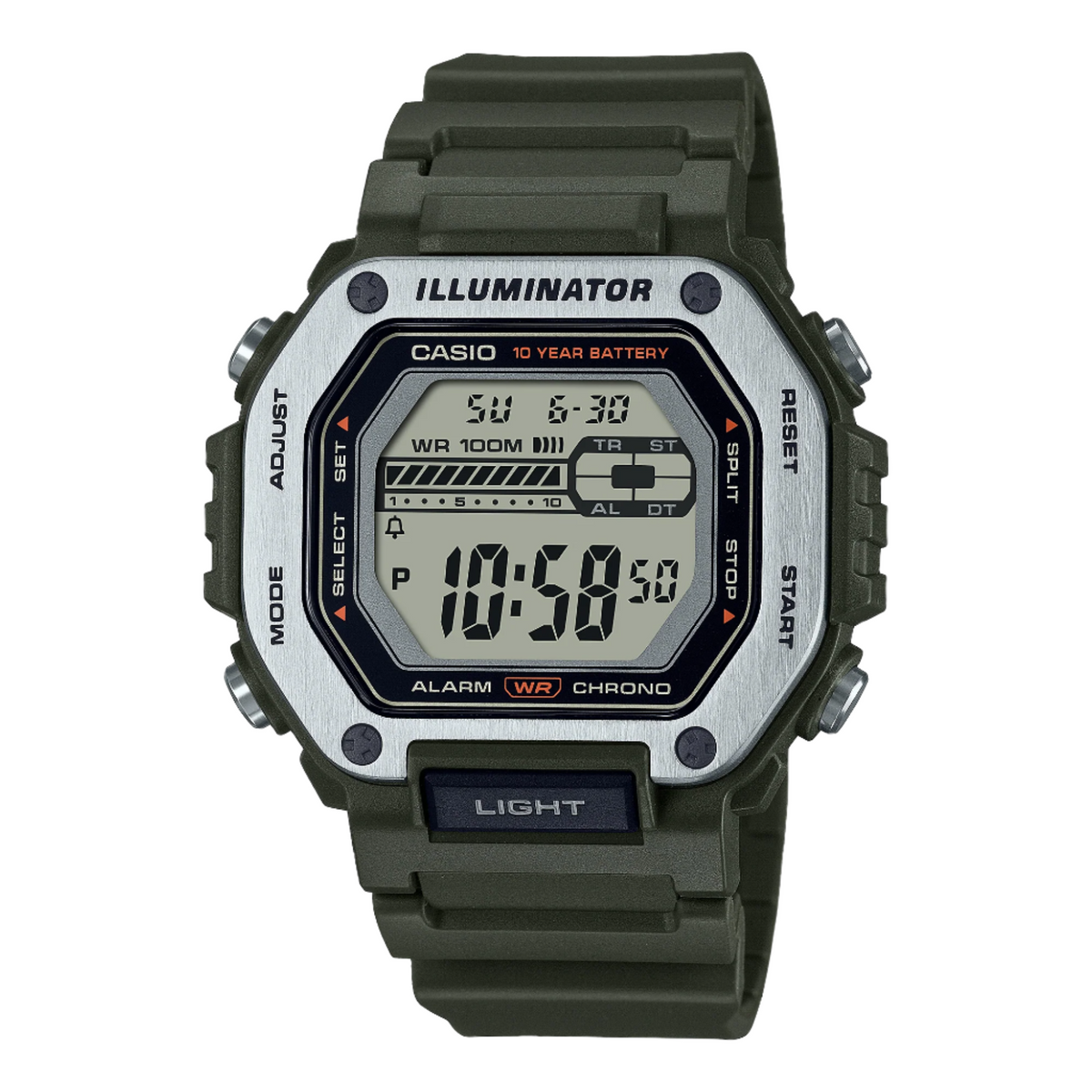 Casio Digital Grey Dial Green Resin Band Watch MWD110H-3A