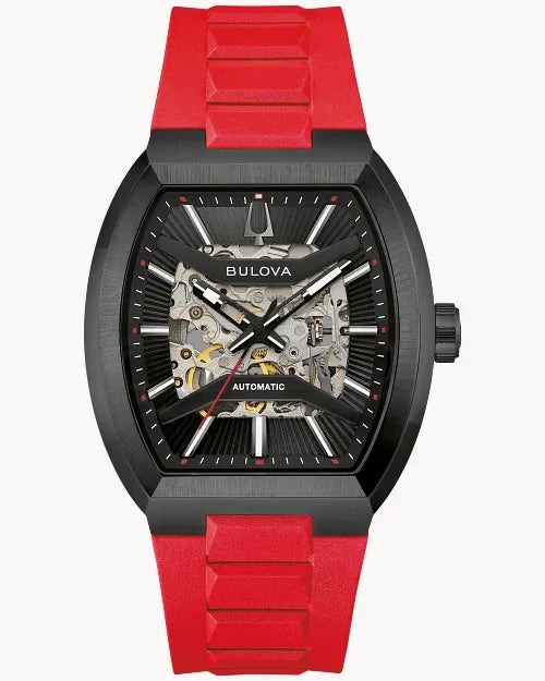 Bulova Maquina 98A341 automatic men's watch with black skeleton dial, black case and red rubber strap — front view
