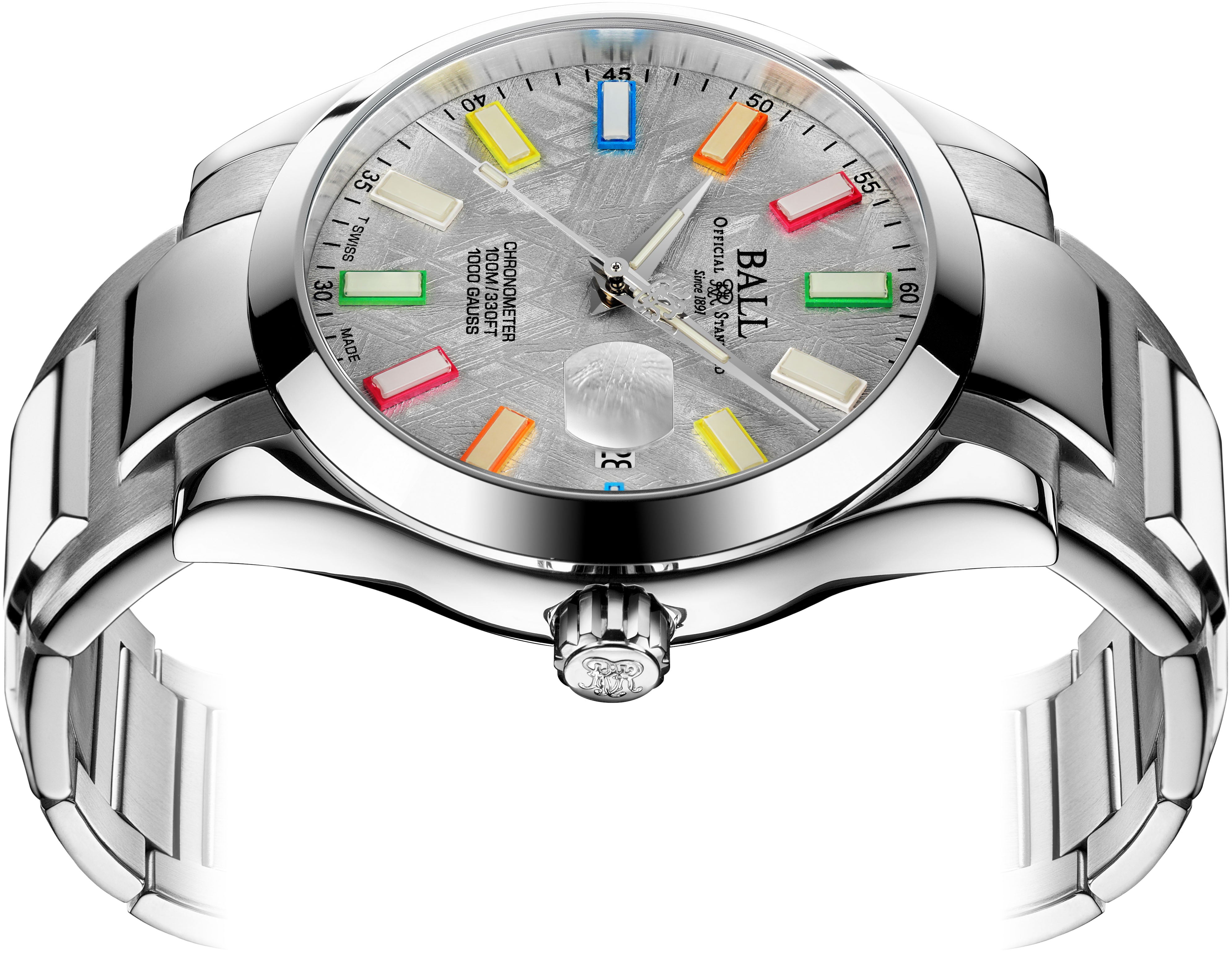 Angled view of Ball Engineer III Marvelight Chronometer Meteorite watch highlighting its silver stainless steel band and meteorite dial.