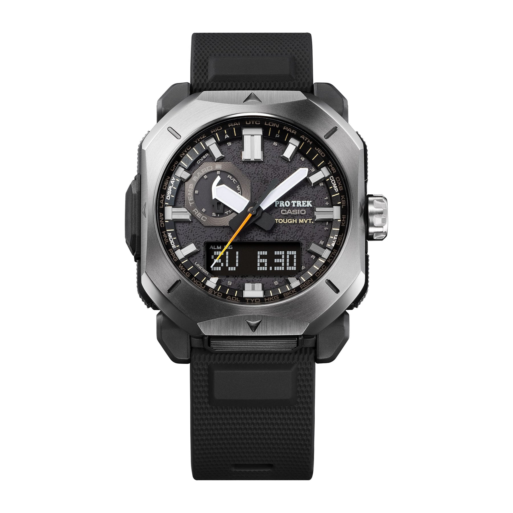 a close up of a watch on a white background
