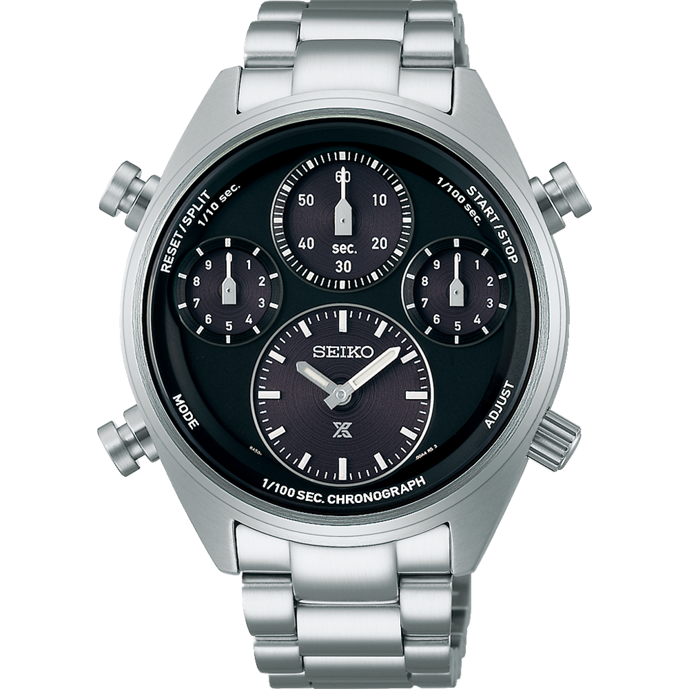Seiko wristwatch with multiple dials and a stainless steel bracelet.