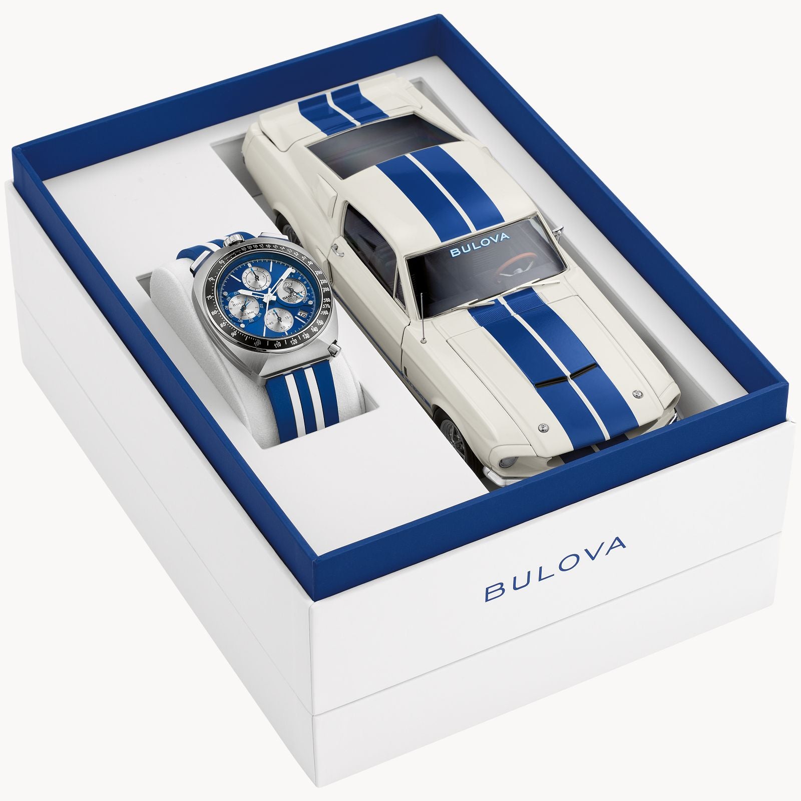 Bulova Racer Chronograph SHELBY® Limited Edition Blue Dial Rubber Band Watch 98B452
