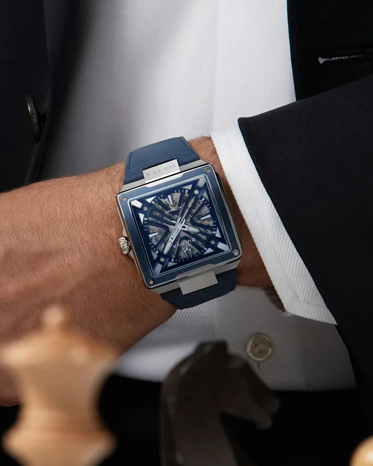 Bulova Series X 98A342 automatic men's watch with slate blue skeleton dial, blue bezel insert and blue suede strap — caseback view