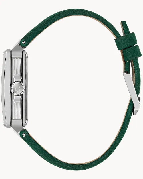 Bulova Series X 98A343 automatic men's watch with hunter green skeleton dial, green bezel insert and green suede strap — angled view