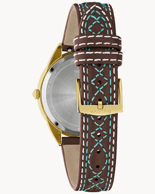 Bulova Sutton 97L203 women's watch with turquoise mother-of-pearl dial and tobacco brown leather strap — detail view