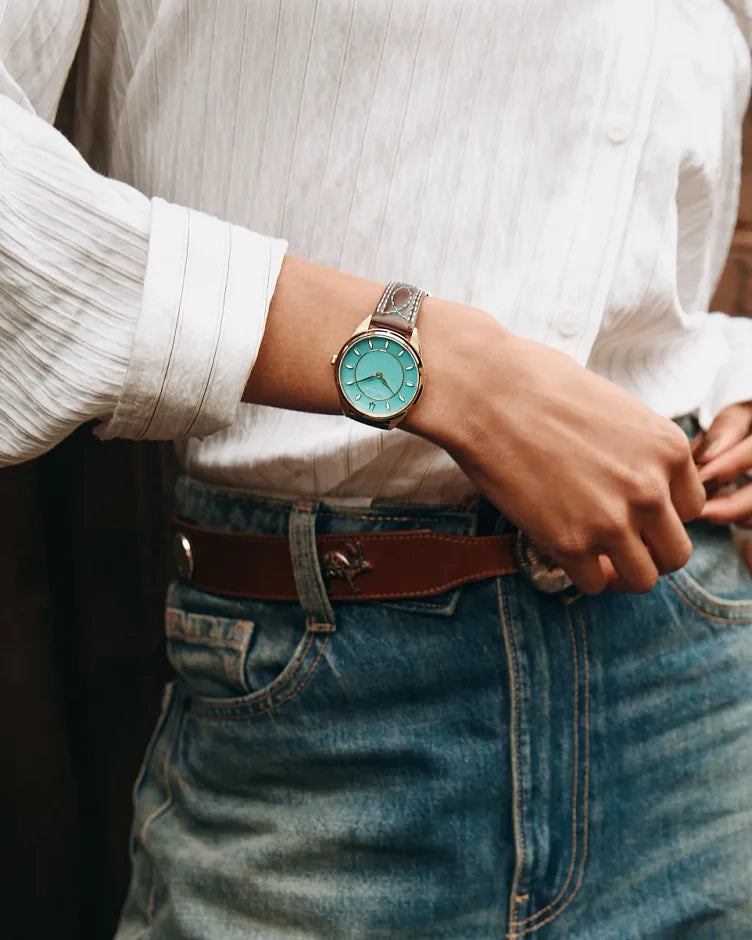 Bulova Sutton 97L203 women's watch with turquoise mother-of-pearl dial and tobacco brown leather strap — strap detail
