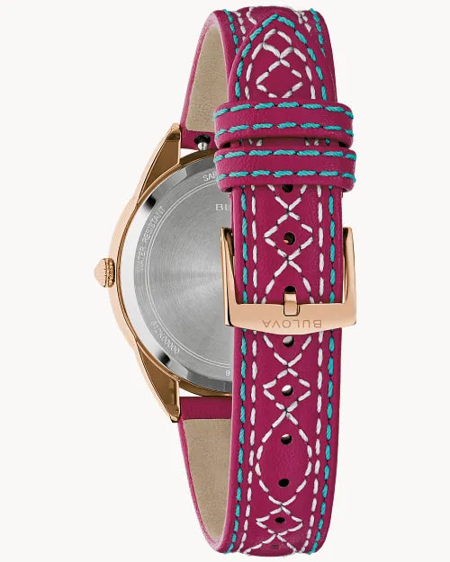Bulova Sutton 97L204 women's watch with ecru mother-of-pearl dial, rose gold-tone case and rose-red leather strap — detail view