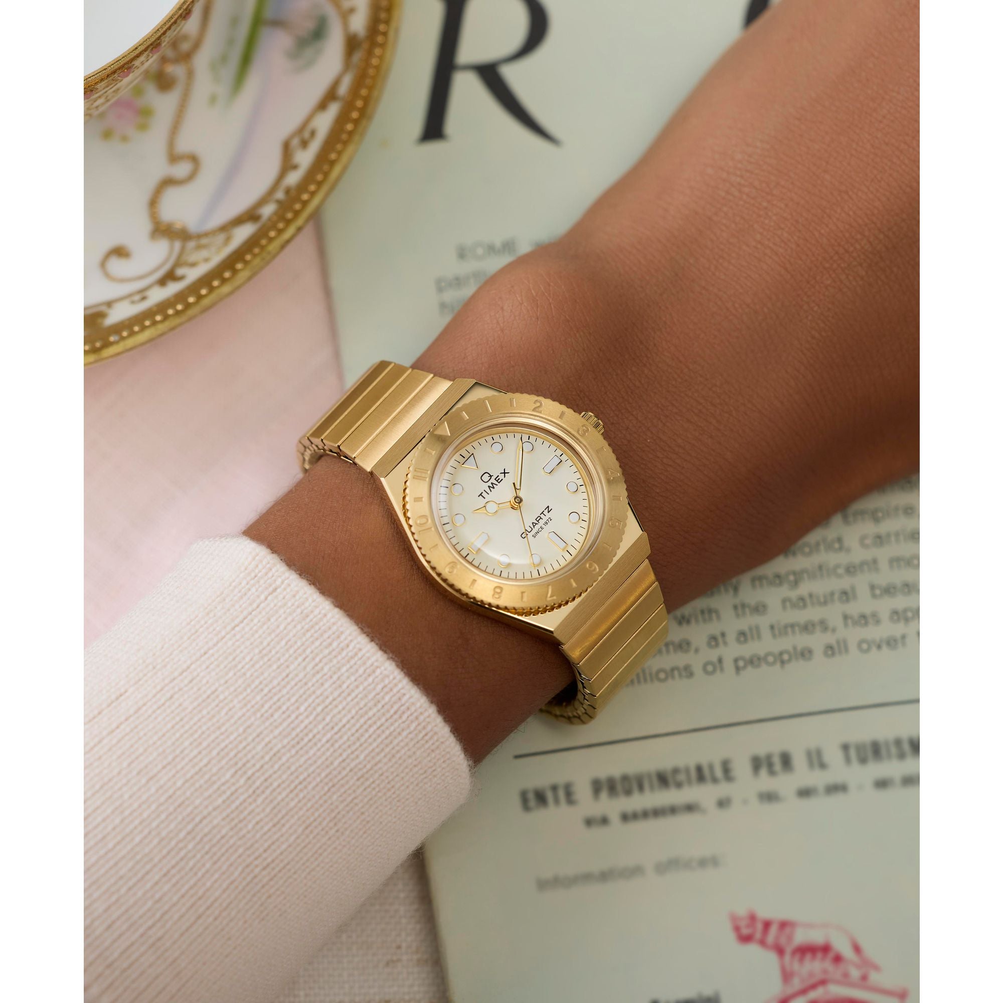 Timex Q Time 30mm Gold Dial and Expansion Band Women's Watch TW2W57500