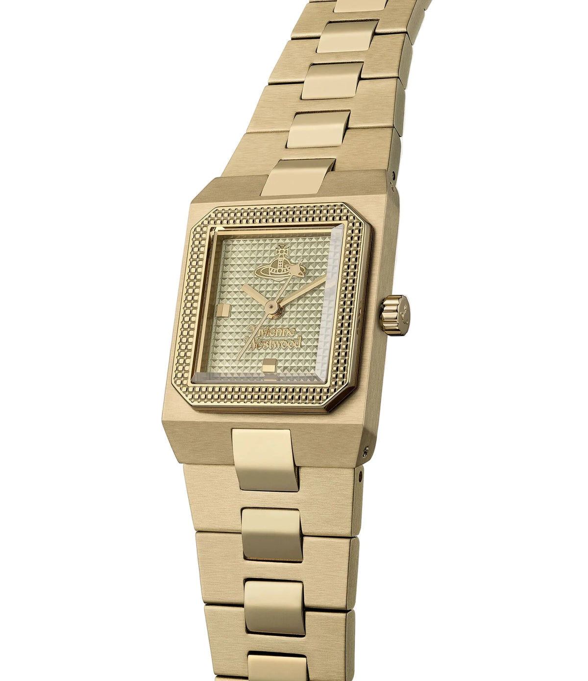 Vivienne Westwood The Brunswick women's watch with a olive dial and gold stainless steel bracelet. Side profile view.