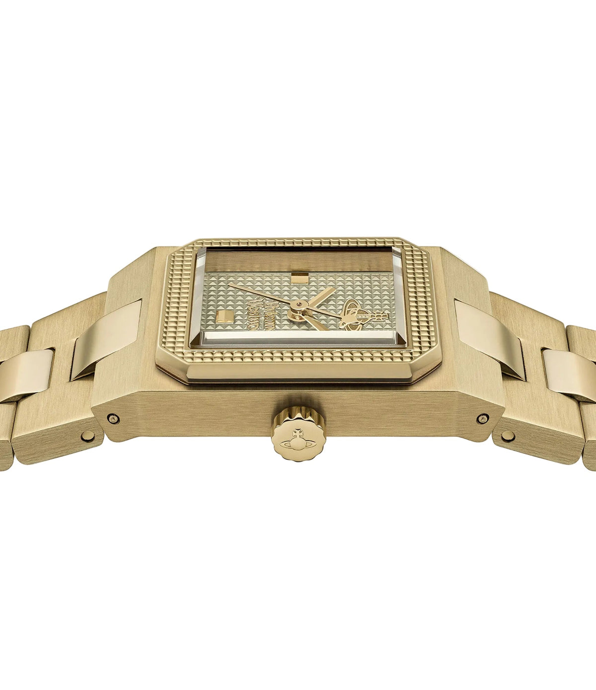 Vivienne Westwood The Brunswick women's watch with a olive dial and gold stainless steel bracelet. Clasp and case back detail.