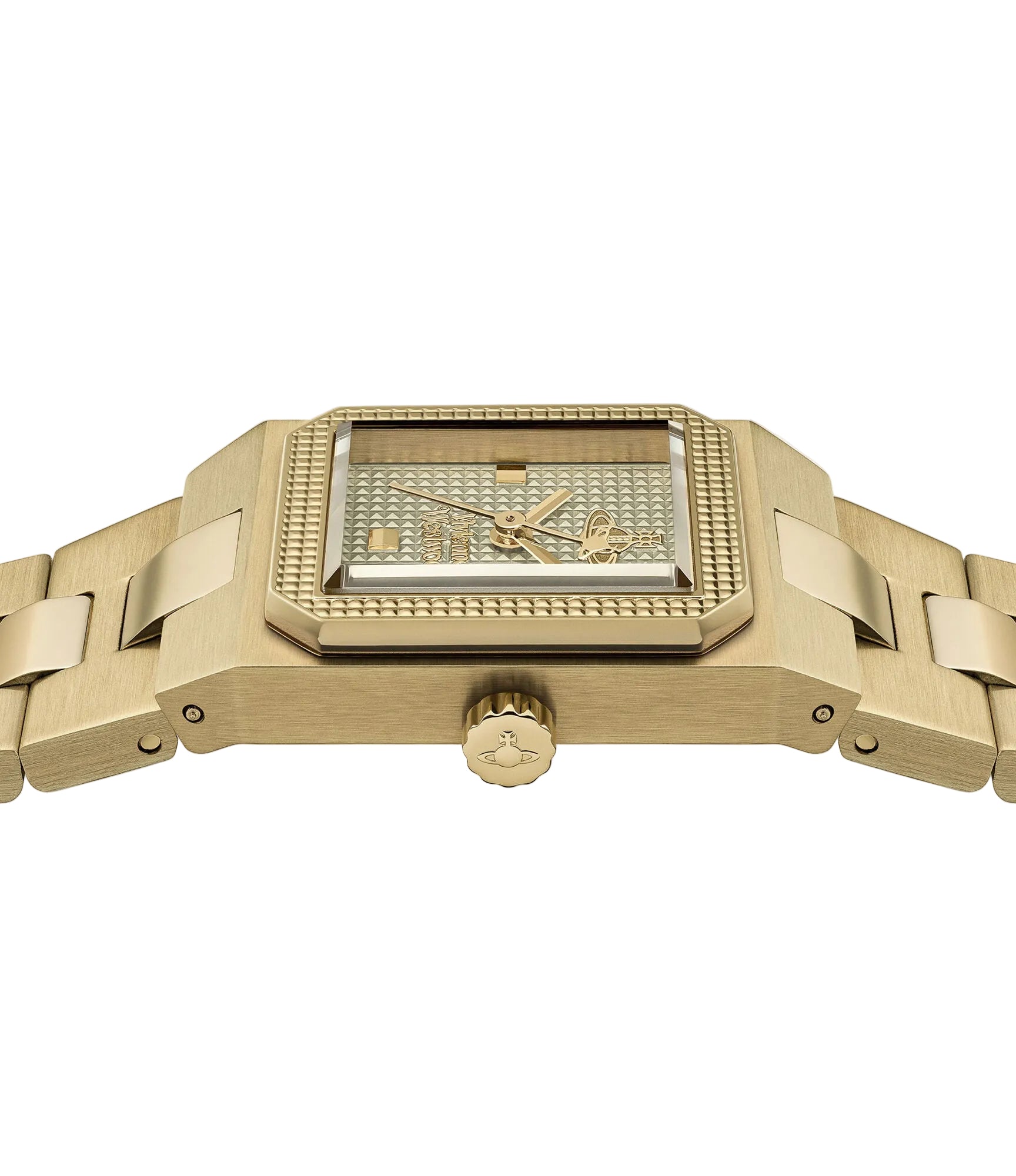 Vivienne Westwood The Brunswick women's watch with a olive dial and gold stainless steel bracelet. Clasp and case back detail.