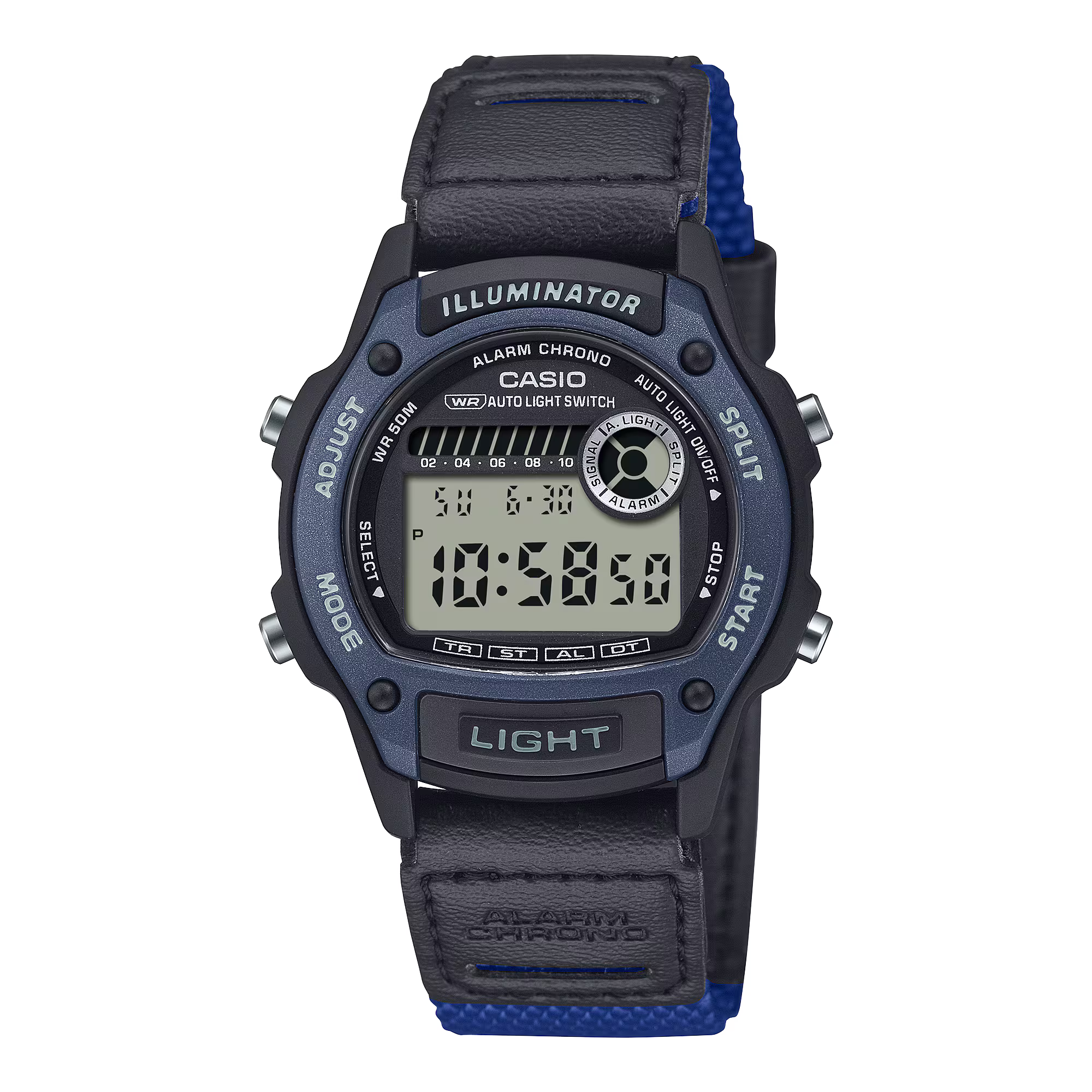 Casio Digital Mid Sized Watch Black Nylon Band Blue Accents W220HF-2A