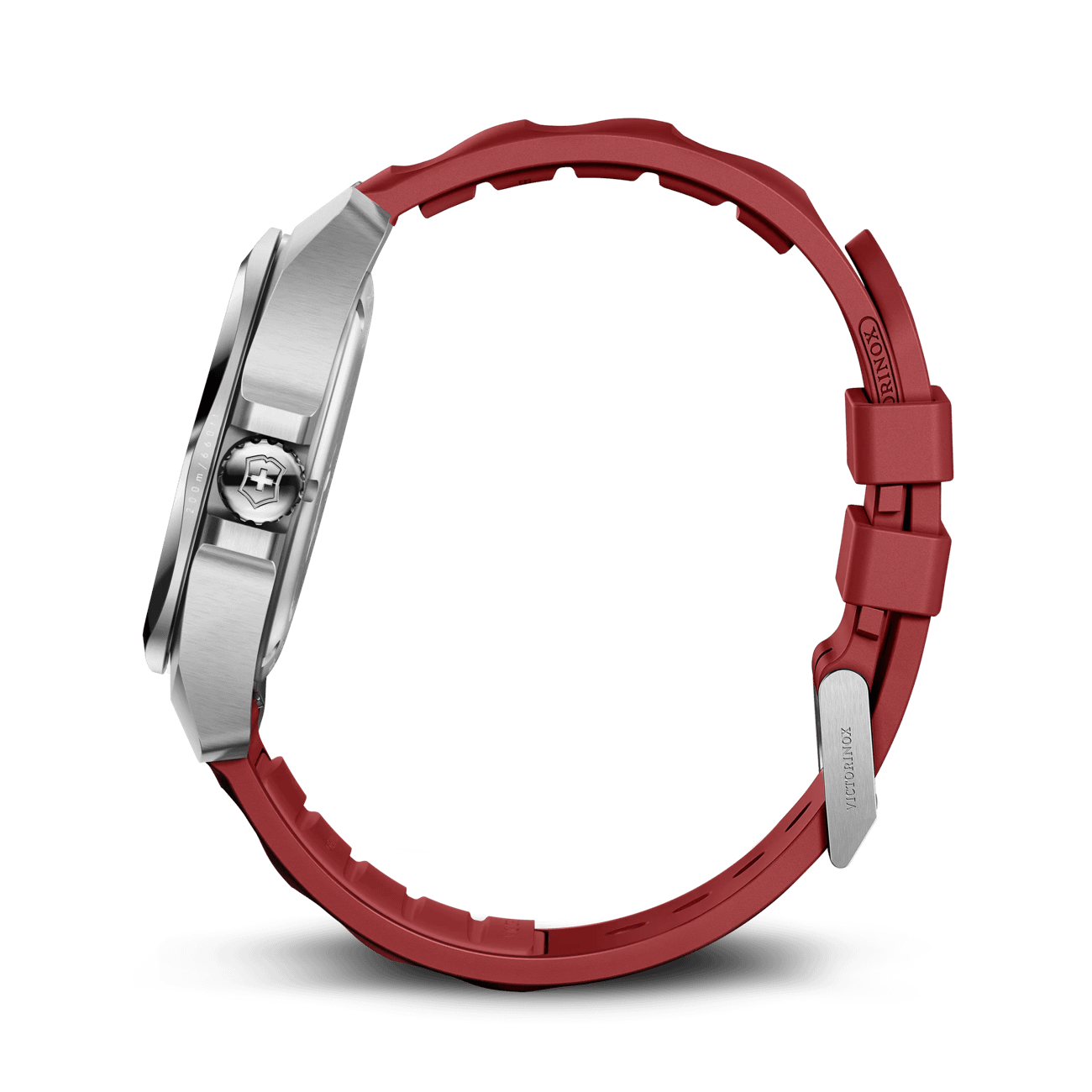Victorinox I.N.O.X. Quartz Antimagnetic 242029 watch with brushed stainless-steel case and red strap.