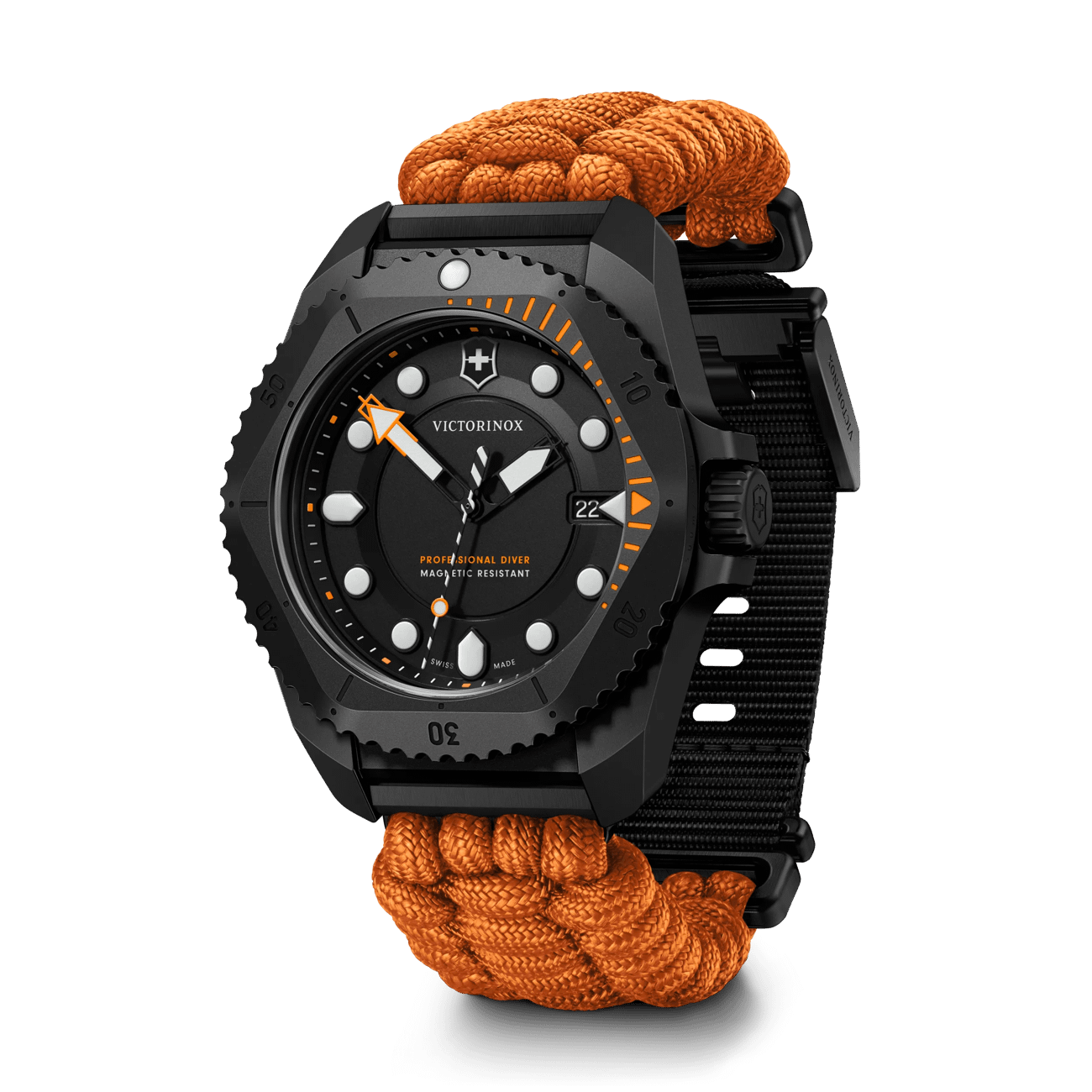 Victorinox Dive Pro Quartz Orange Paracord Band Black Dial Watch 242069.1