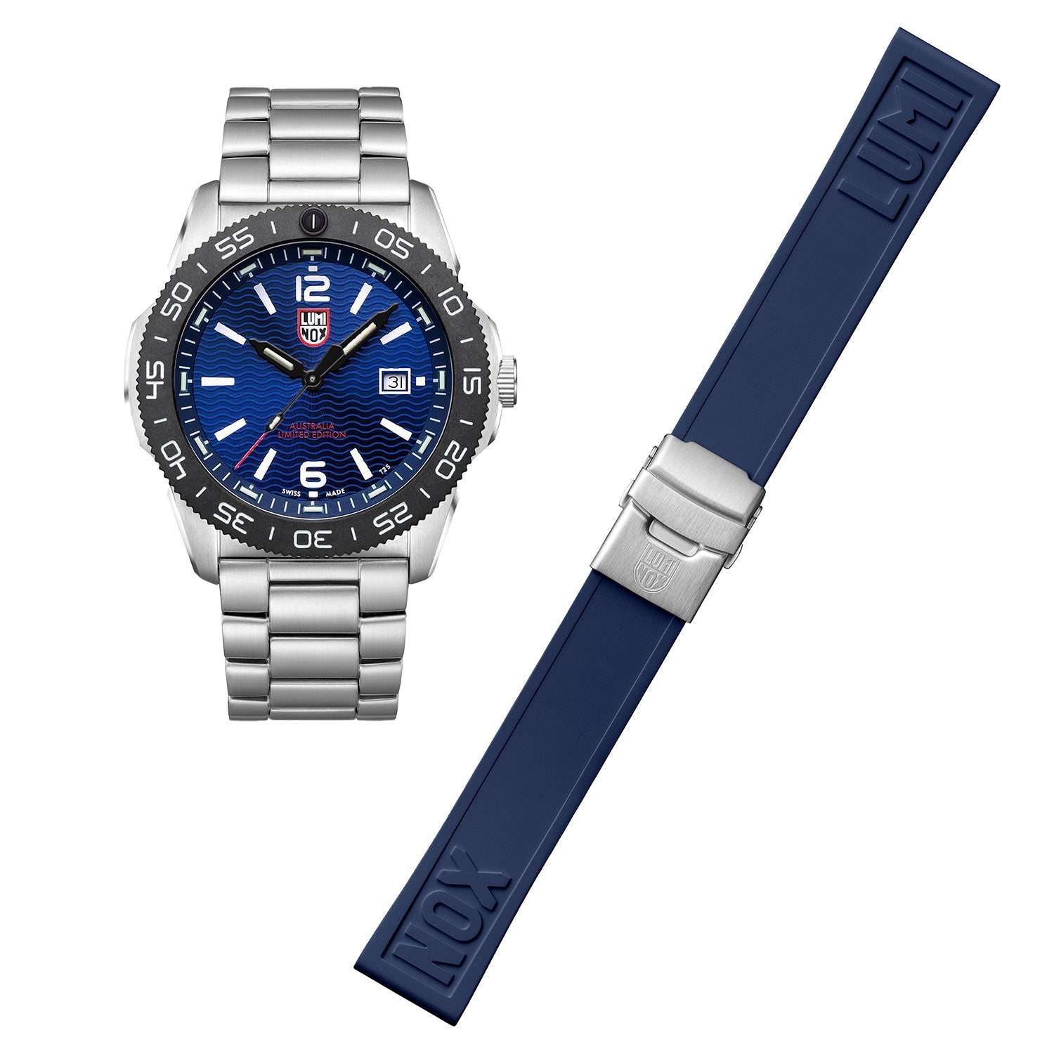 Stainless steel wristwatch with a blue dial and rotating bezel, accompanied by a blue rubber strap.