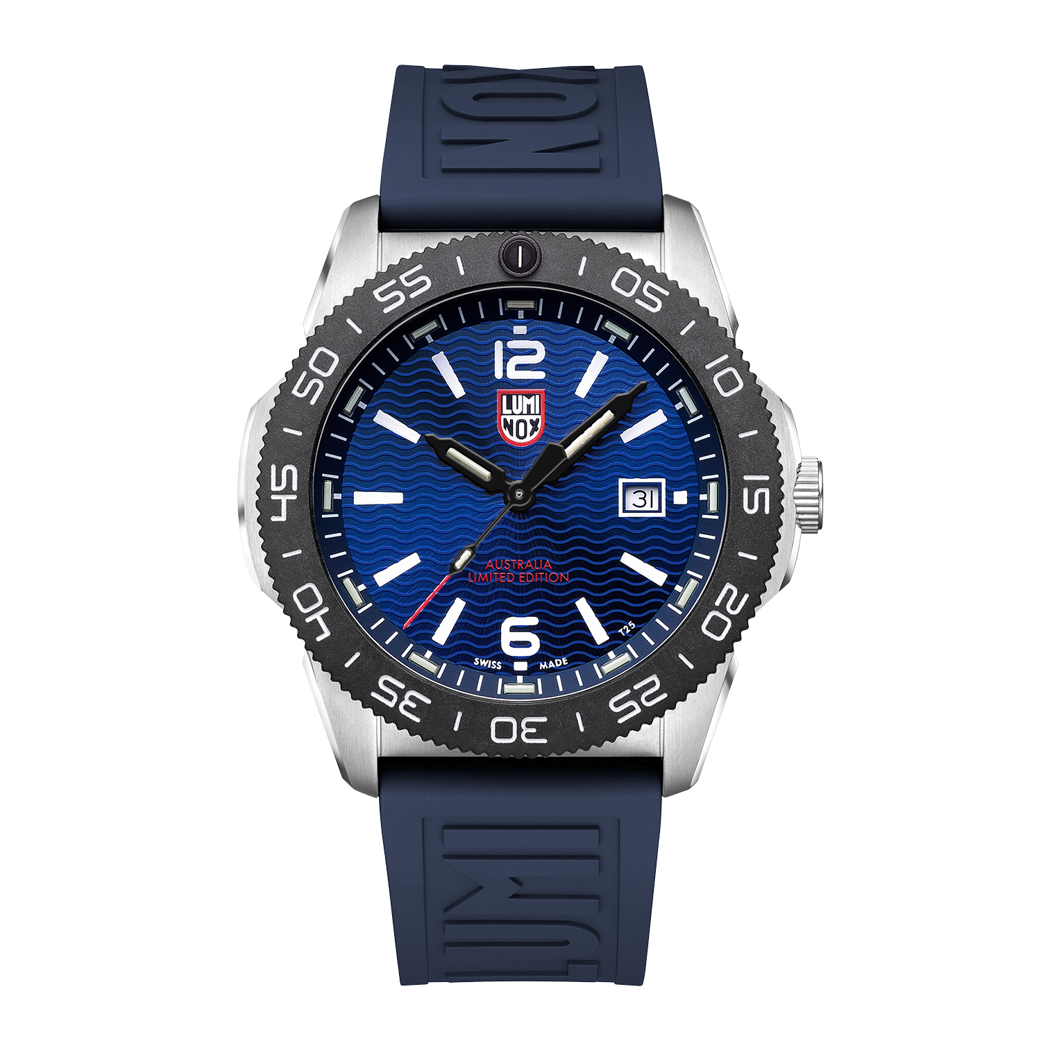 Luminox wristwatch with a blue dial and navy rubber strap.