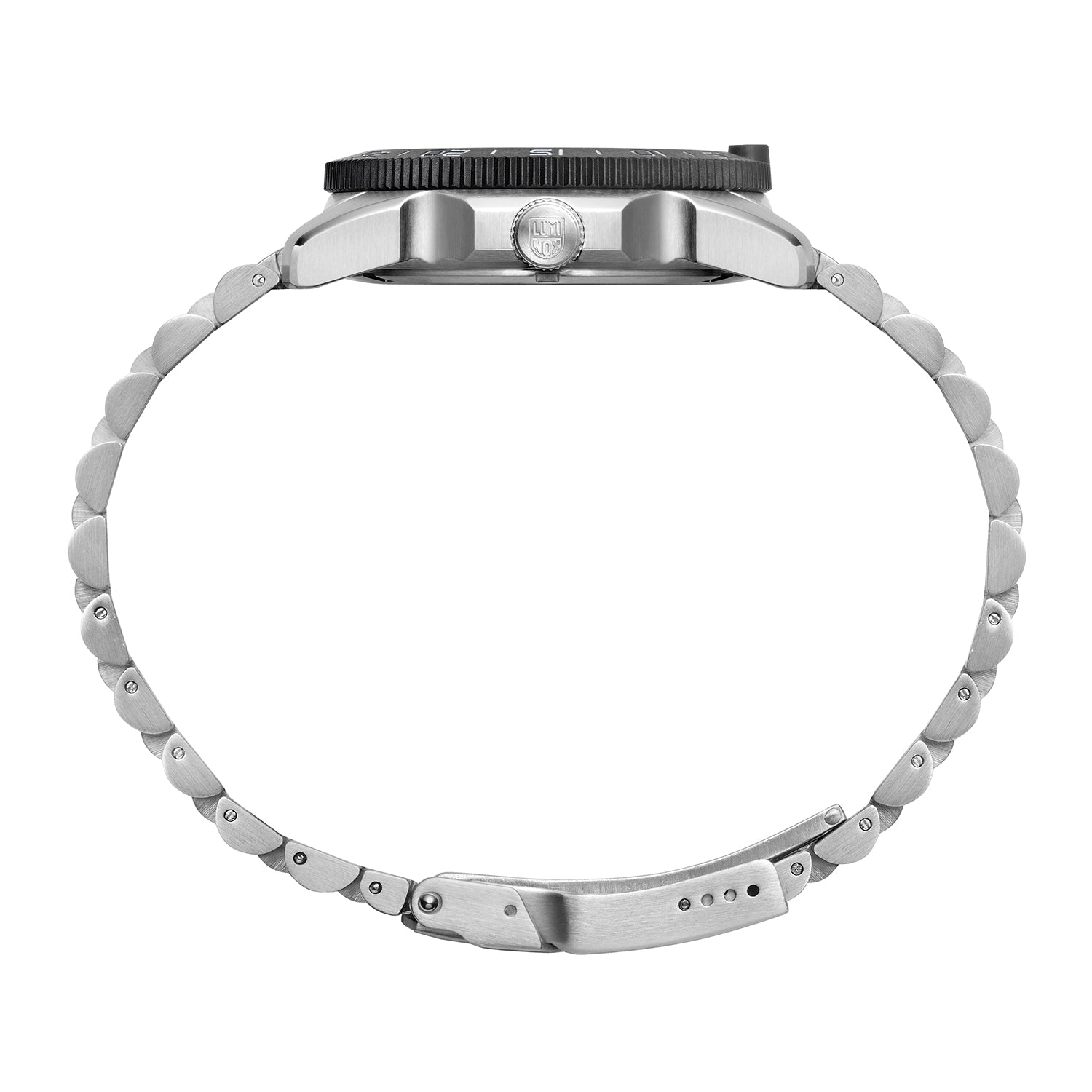 Stainless steel wristwatch with a black bezel and metal link bracelet.