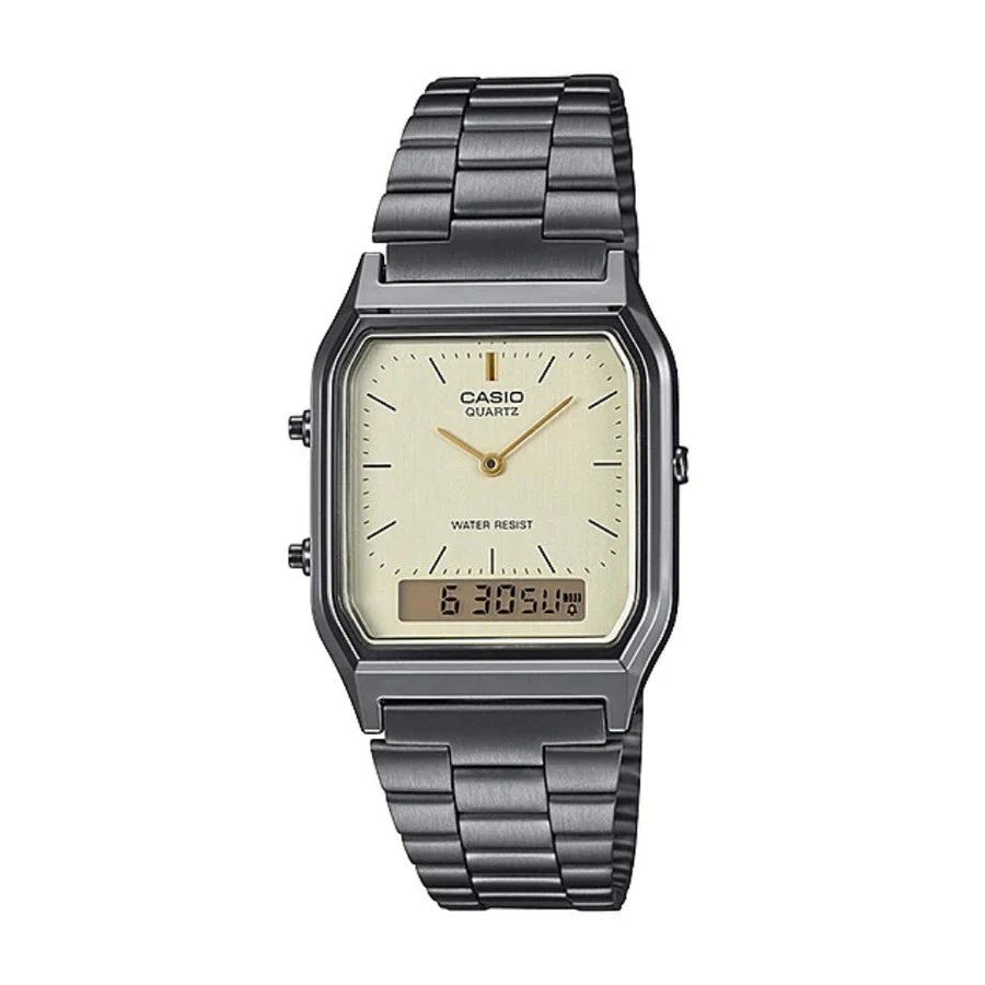 Casio Classic Vintage Black Stainless Steel Band Champagne Dial Watch AQ230GG-9A
