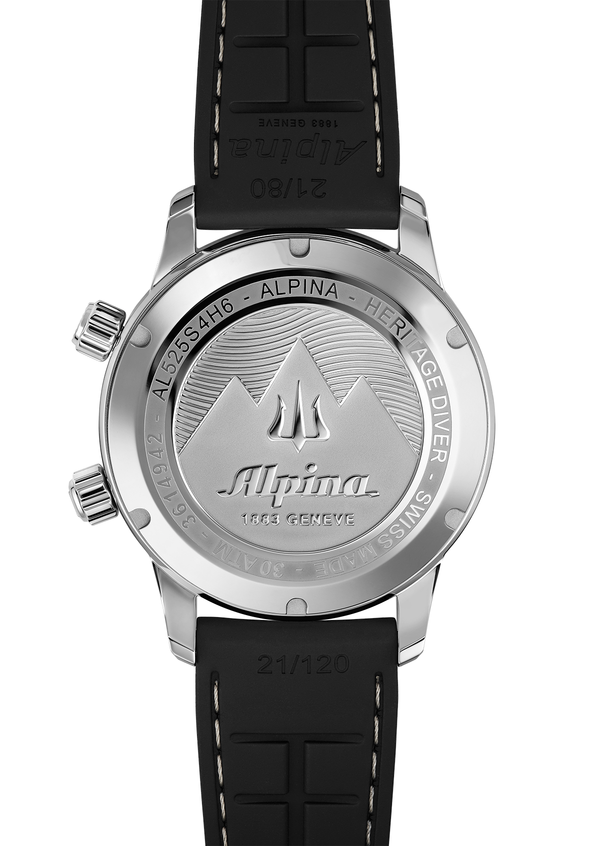 Back of a silver wristwatch with an Alpina logo engraved on the case.
