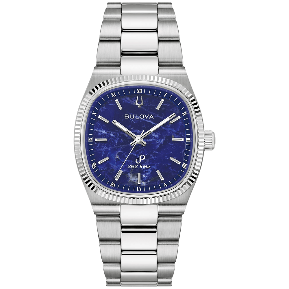 Bulova Super Seville 96A348 blue sodalite dial watch on stainless steel bracelet