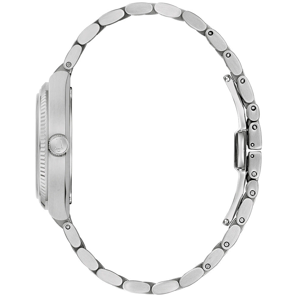 Bulova 96A348 three-link stainless steel bracelet and deployant clasp detail