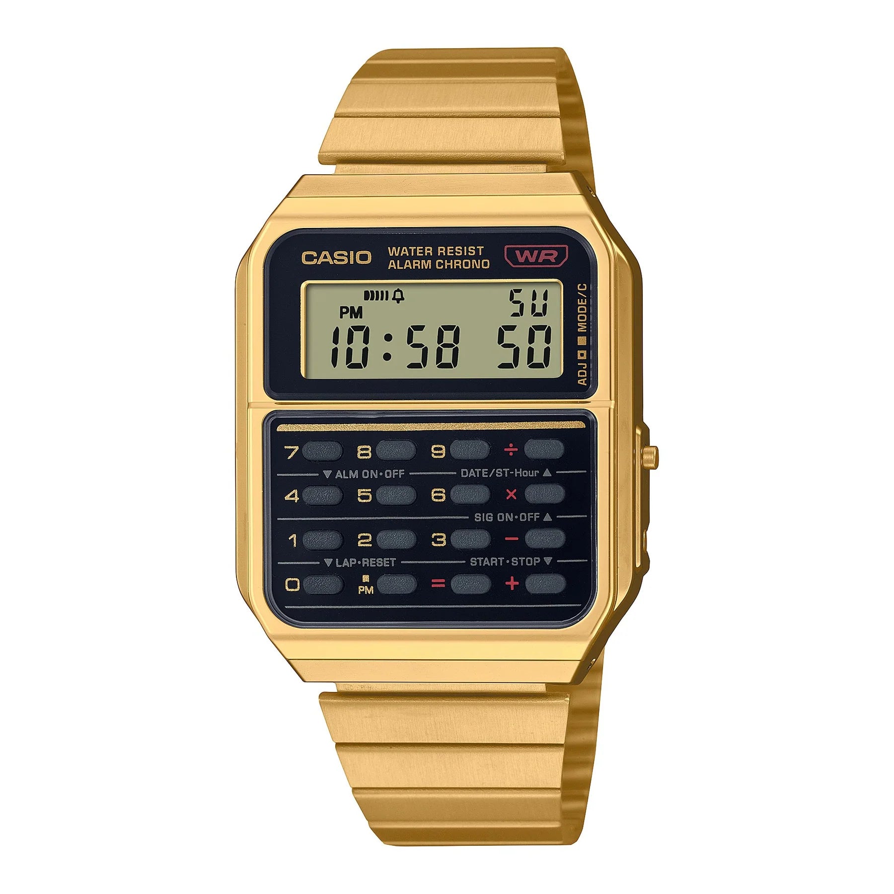 Casio Vintage Calculator Black Dial Gold Stainless Steel Band Watch CA500WEG-1A