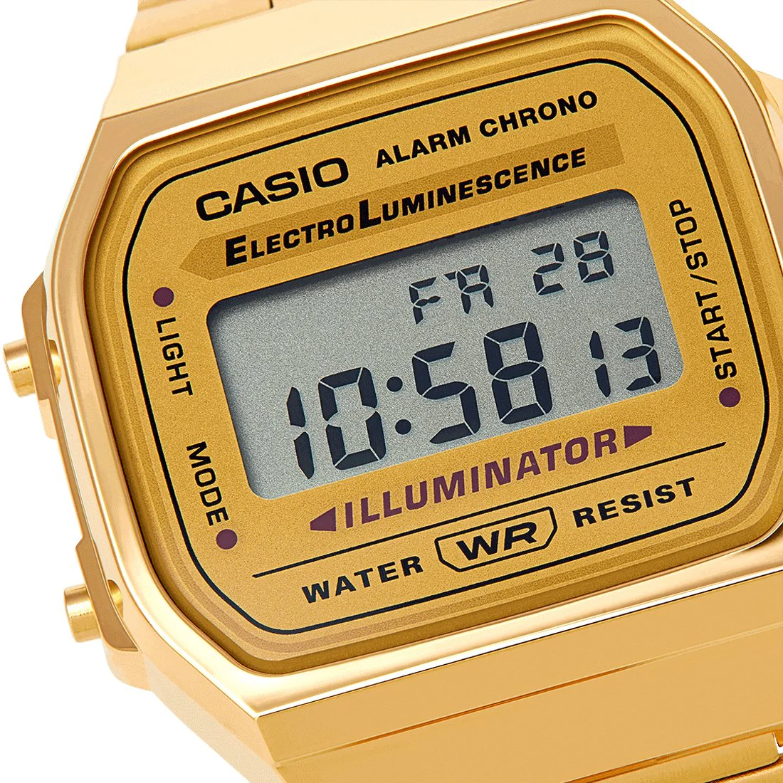 Casio A168WG-9W close-up of the gold digital display with Illuminator backlight