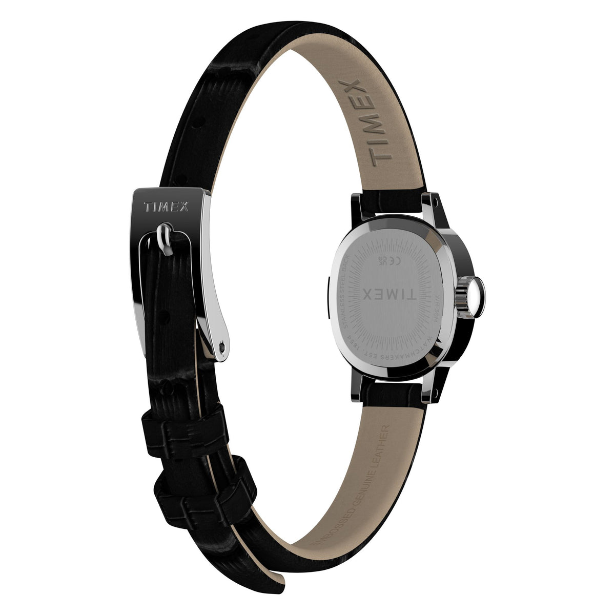 Timex Cavatina Mini TW2Y87800 white dial on a black leather strap, rear three-quarter